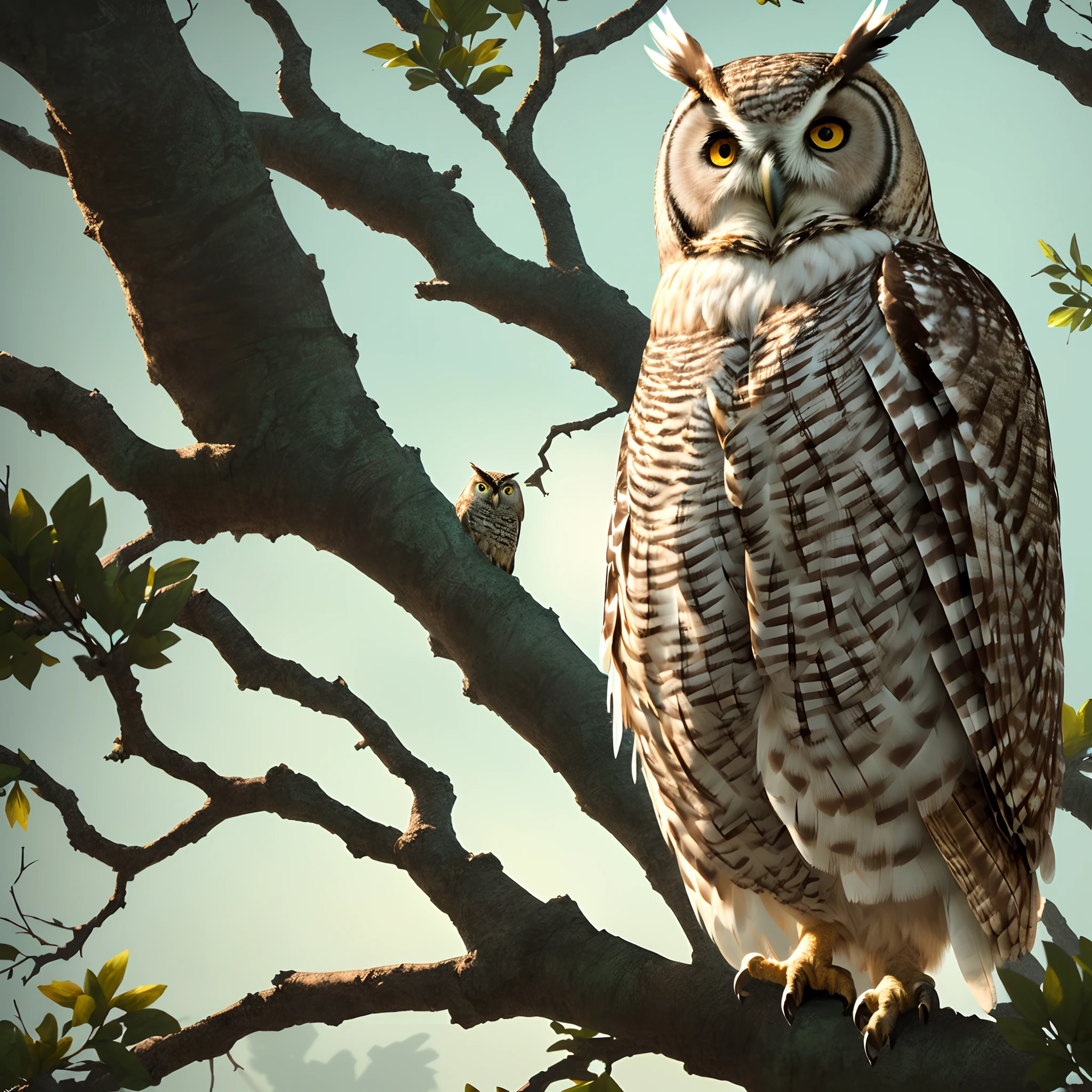 Old Owl’s Appearance: A majestic old owl, perched high on a gnarled branch, beckoning Lila with a twinkle in its eyes. Hyper realistic 8k ultra HD , Pixar style , Disney style , cinema 4d
