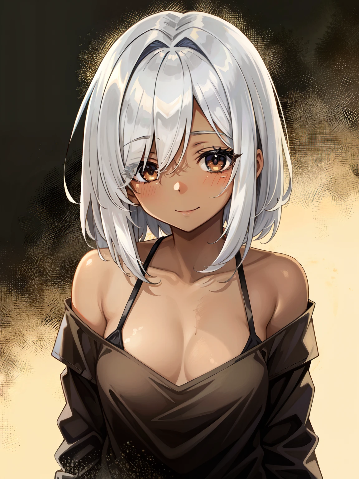 Masterpiece, best quality, high-res, extremely detailed, 1 girl, (deep brown skin tone:1.2), black eyes, poor girl, dirty, short bob, (claw scar on eye), pain behind smile, sleepy eyes, bare body