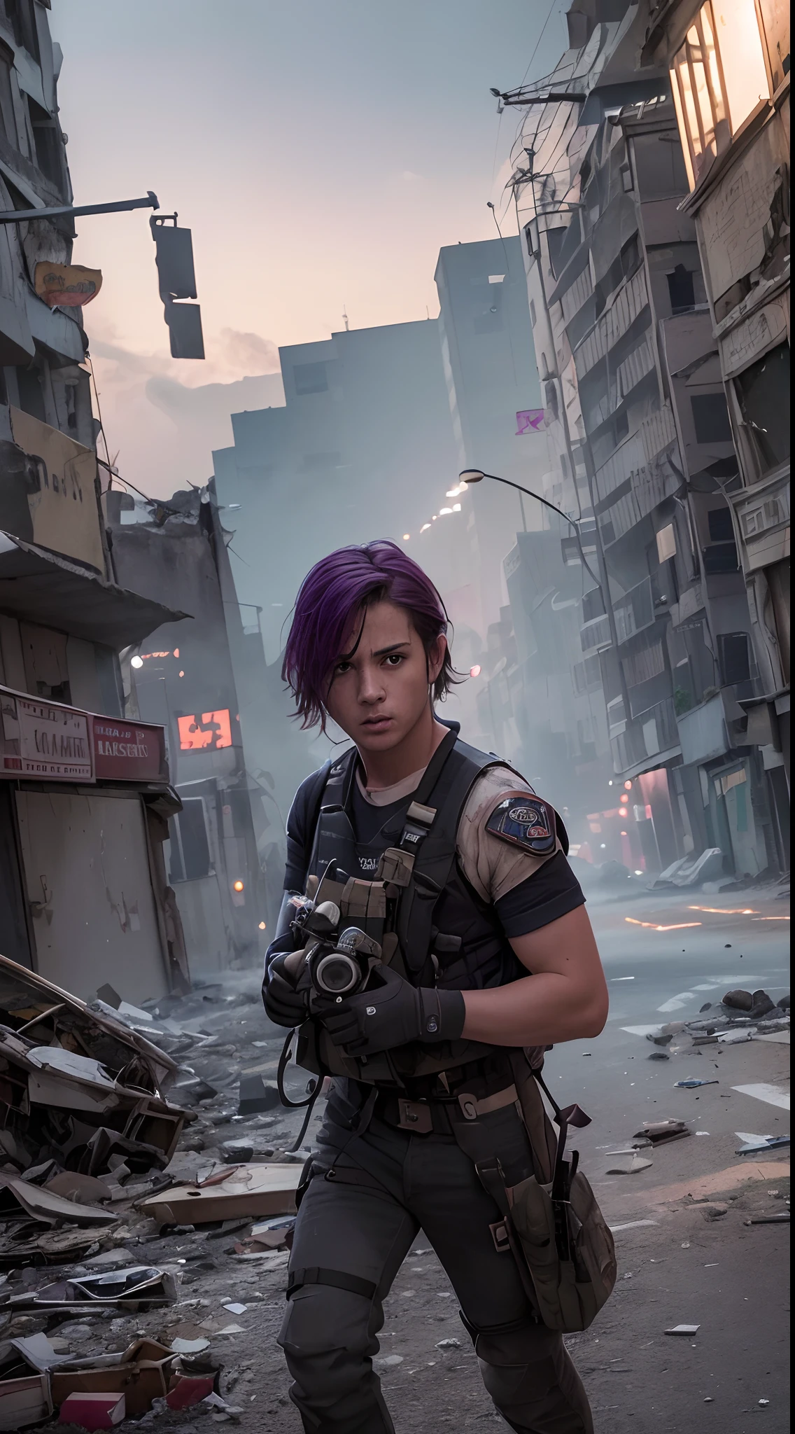 (Ultra-detailed,A high resolution,Masterpiece:1.2),Theater doctor,Blonde man and purple woman hugging,shot wounds,Blood,stethoscope,Medical Bag,Overwhelming emotions,ruined buildings,Smoke,flashing lights,dramatic scene,A hopeful expression,Empathetic eyes,Sympathy,Save lives,Love and care,Emergency rescue,Chaotic atmosphere,Torn clothing,Broken glass,Debris and dust,Heroic efforts,battleground background,Determination,Save lives,Vivid colors,Pain and hope,Surreal lighting,Critical situation,Unwavering strength,Courage and resilience,Despair and determination are intertwined,Precision movement,Healing hands,Bloodstained gloves,Medical expertise,Heroism in chaos,Deep connection,Strong bonding.