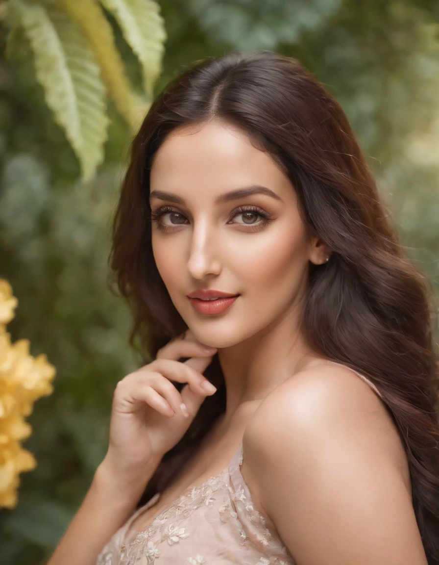 Nora Fatehi ,chubby,cute,huge-breasted,curvy body,beautiful detailed eyes,enchanting smile,playful laughter,charming personality,flowing hair,stylish outfit,feminine curves,dynamic poses,expressive gestures,lush garden background,colorful flowers,butterflies fluttering,faint sunlight filtering through trees,soft breeze rustling leaves,magical atmosphere,(oil painting,realistic:1.2),ultra-detailed,professional,portrait,rich texture,vibrant colors,warm color palette,soft lighting.
