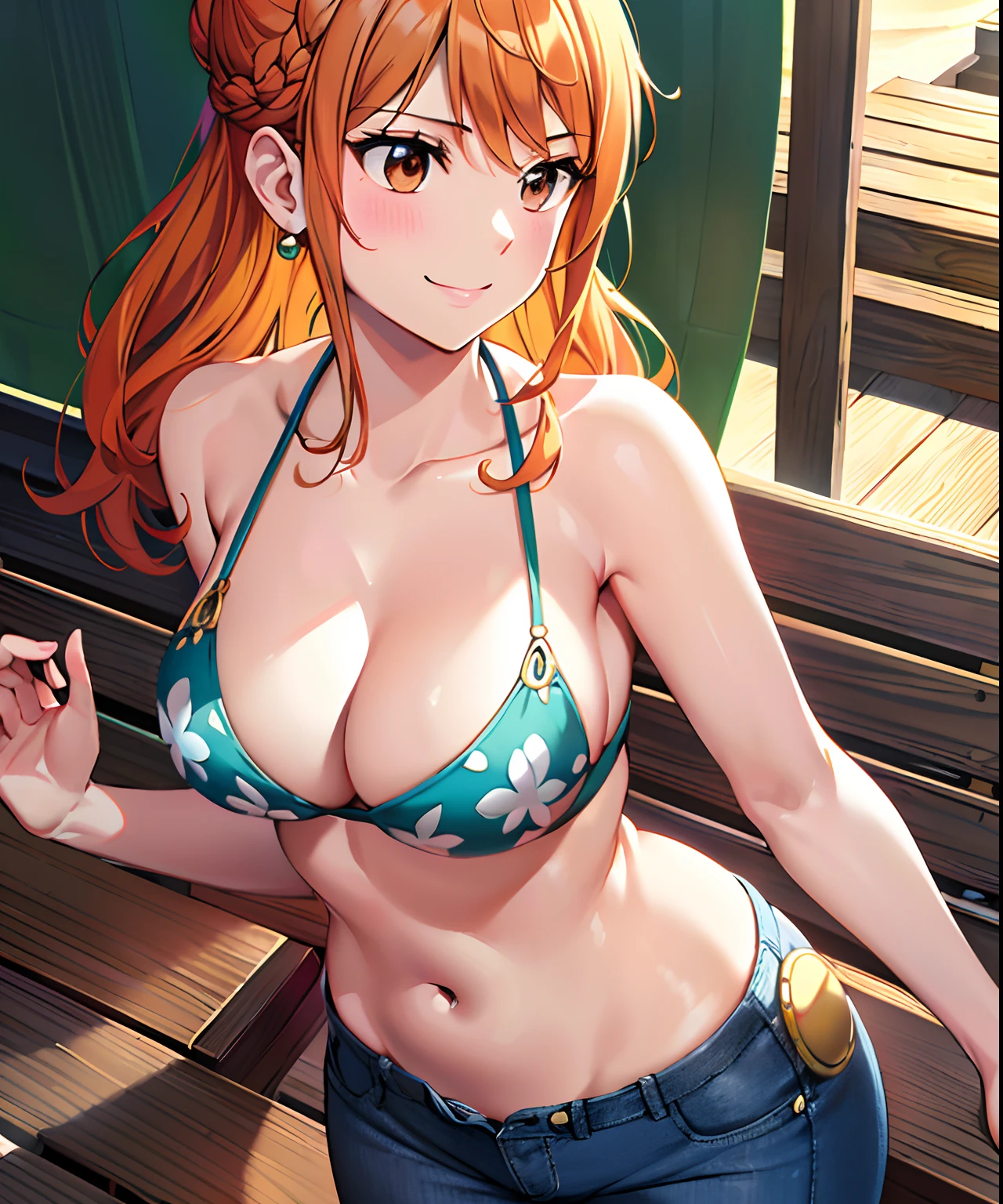 masutepiece, ((hyper detailed background, Delicate pattern, intricate detailes)), (Highly detailed, Fine details), Best Quality, Beautiful lighting,((medium breasts, Slim Girl)), White T-shirt, jeans, Hair in a bun, Showing , , Pink ,Visible ,Wet body , A MILF, 1girl in, Orange hair, Solo, Long hair, Jewelry, ((medium breasts, Slim Girl, bikini top only, jeans)), Brown eyes, Smile, earrings, cleavage, Bracelet, 鎖骨, Navel, Blue tattoo, (intricate detailed background, Outside, Beach environment, Sunny, Nature, Wooden Ship Decking), ((close-up, Portrait)),