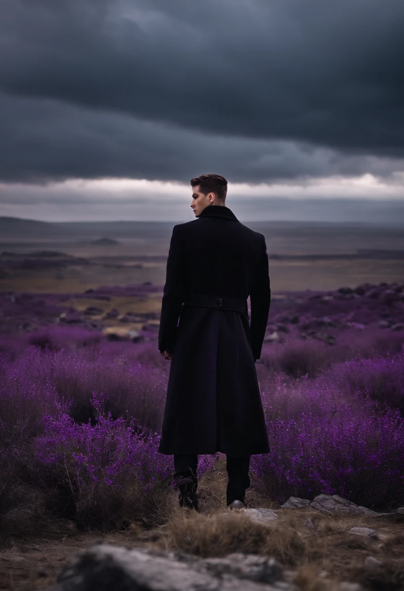 Short haired men plain black, Eyes closed, Beautiful, indifferent face, Wearing a black coat with purple details, Black fabric trousers, Black shoes, A necklace of purple gemstones. 4KHD, In front of the devastated horizon, A ruined kingdom dominated by nature.
