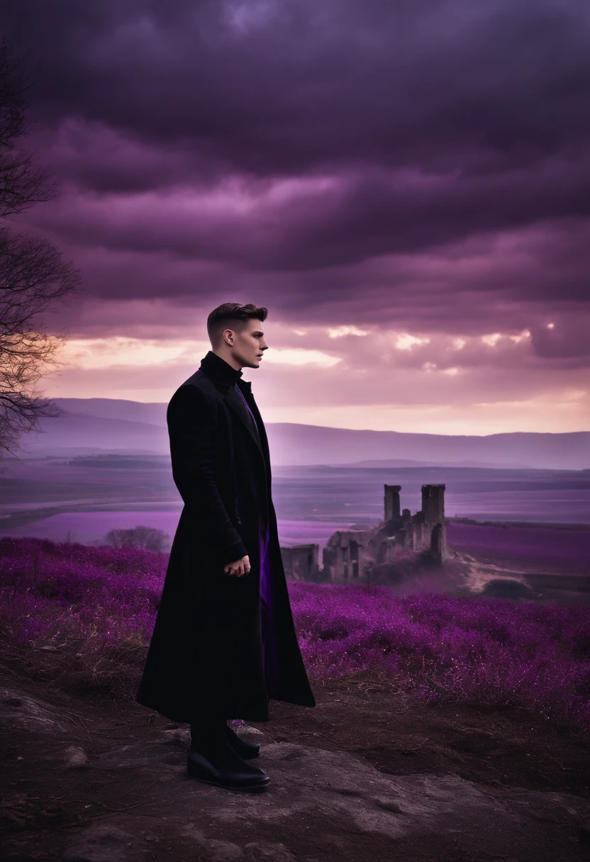 Short haired men plain black, Eyes closed, Beautiful, indifferent face, Wearing a black coat with purple details, Black fabric trousers, Black shoes, A necklace of purple gemstones. 4KHD, In front of the devastated horizon, A ruined kingdom dominated by nature.