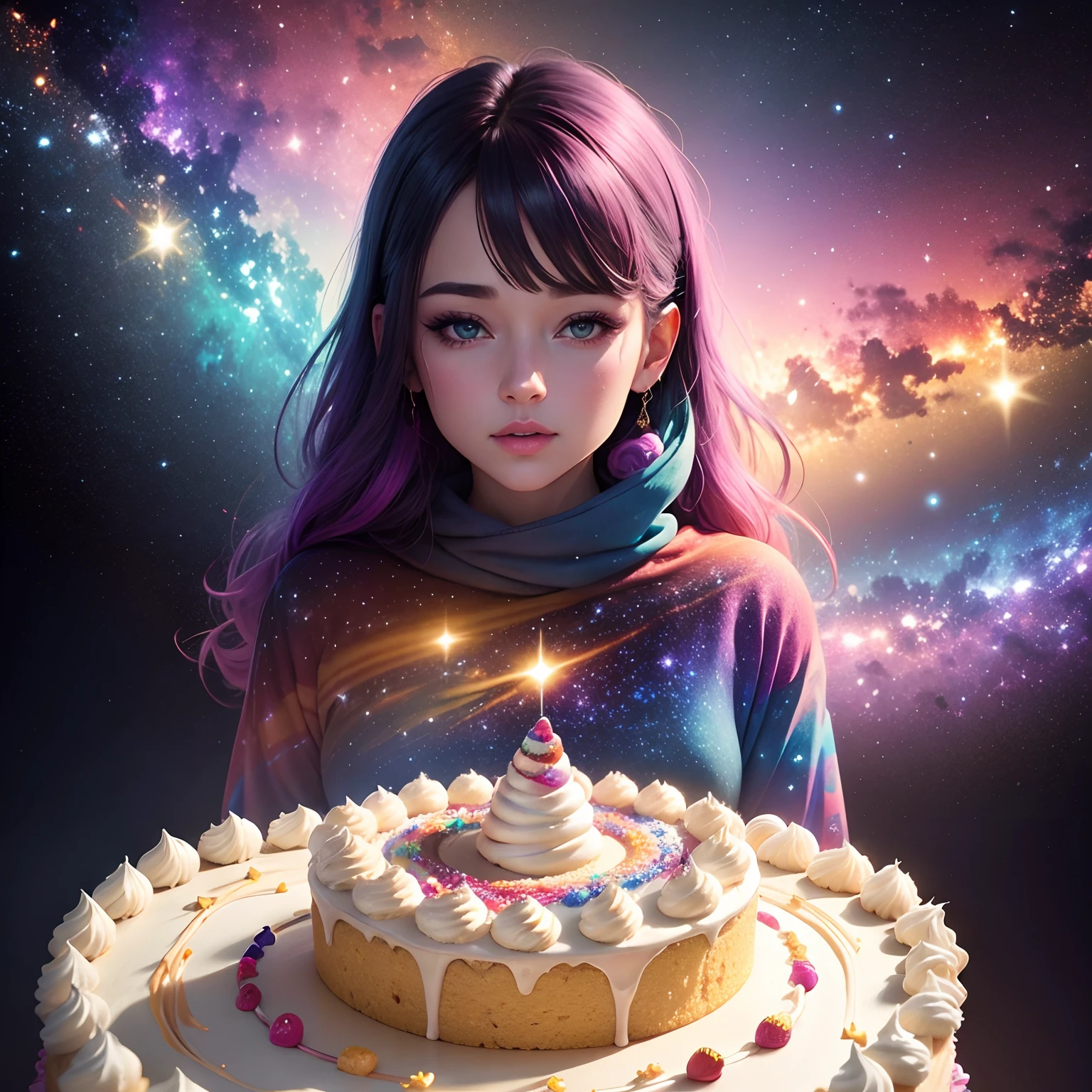 Colorful lights photo realistic woman a cake colorful galaxy Colorful cream