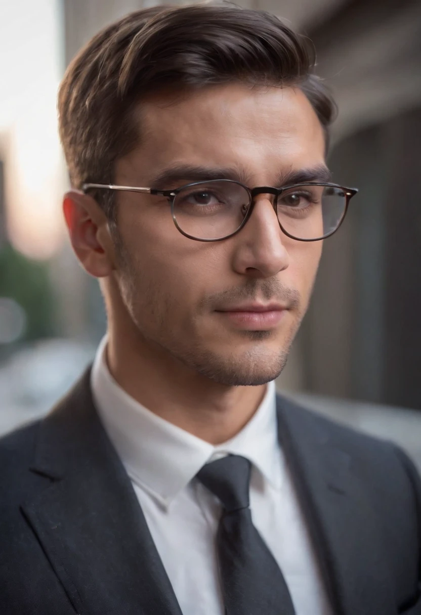 Ultra photo realsisim, self-shot, Penthouse suite background, A handsome man, deep tan skin, Dark hair, stubbles, Chiseled jaws, Muscular, Glasses, Black pinstripe suit,
