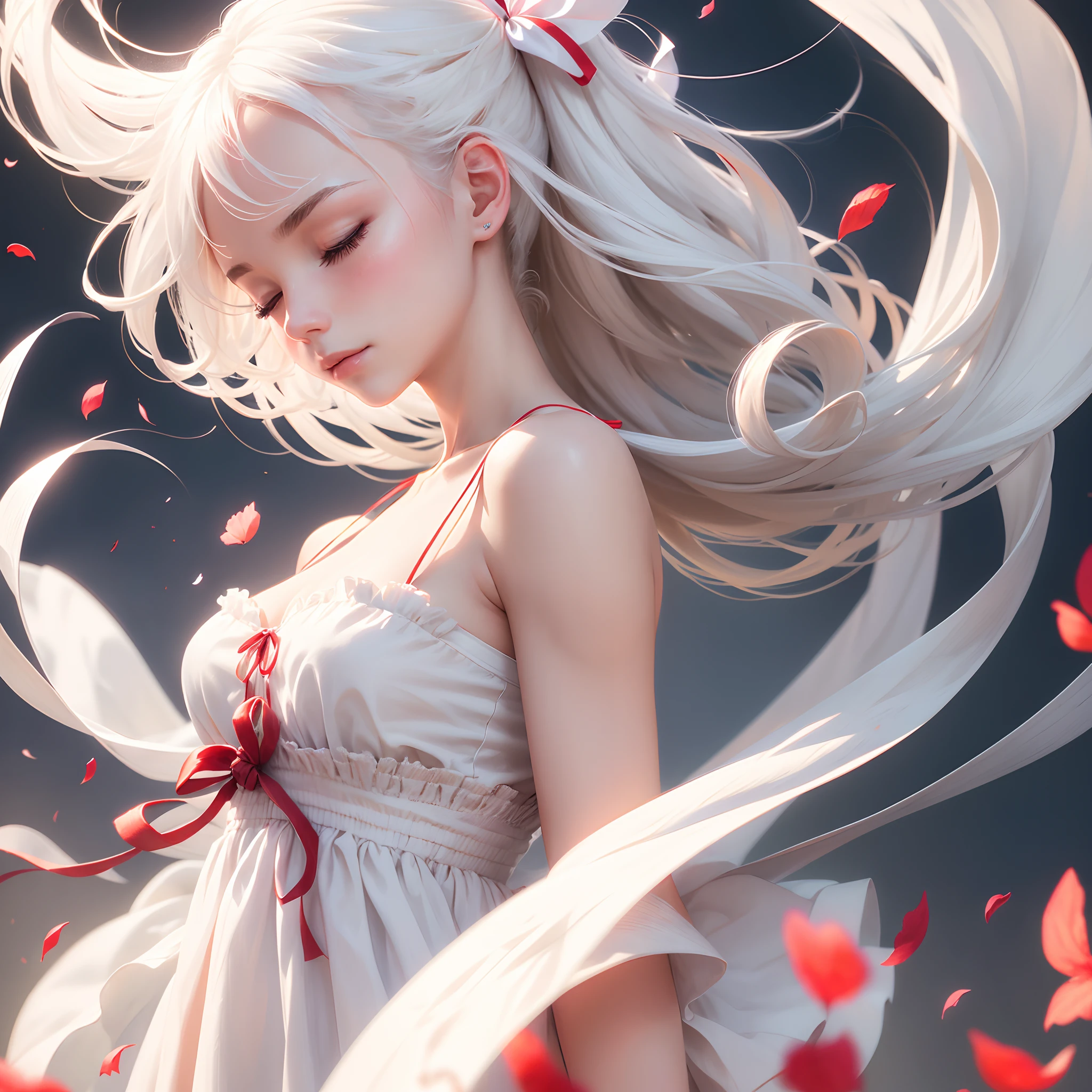 ((solo)), ((close-up side profile)) of a girl with eyes closed, ((head tilted up)), white hair that is tied up, (faint smile), flowing hair, burning flower on hair, falling petals, (white sundress with red ribbons), flowing cloth