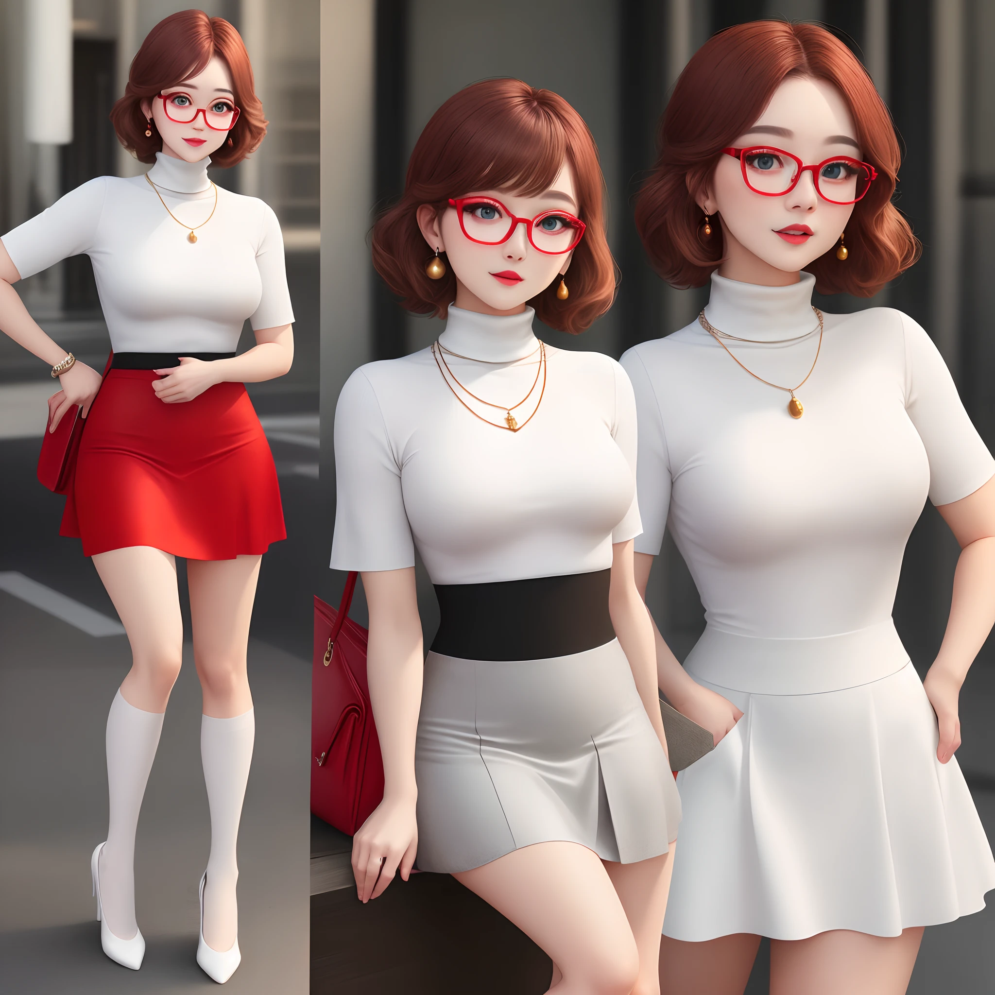 White short-sleeve tight-fitting turtleneck top, red pencil knee-length skirt, white 4-inch court shoes, red bead necklace, and red horn glasses.