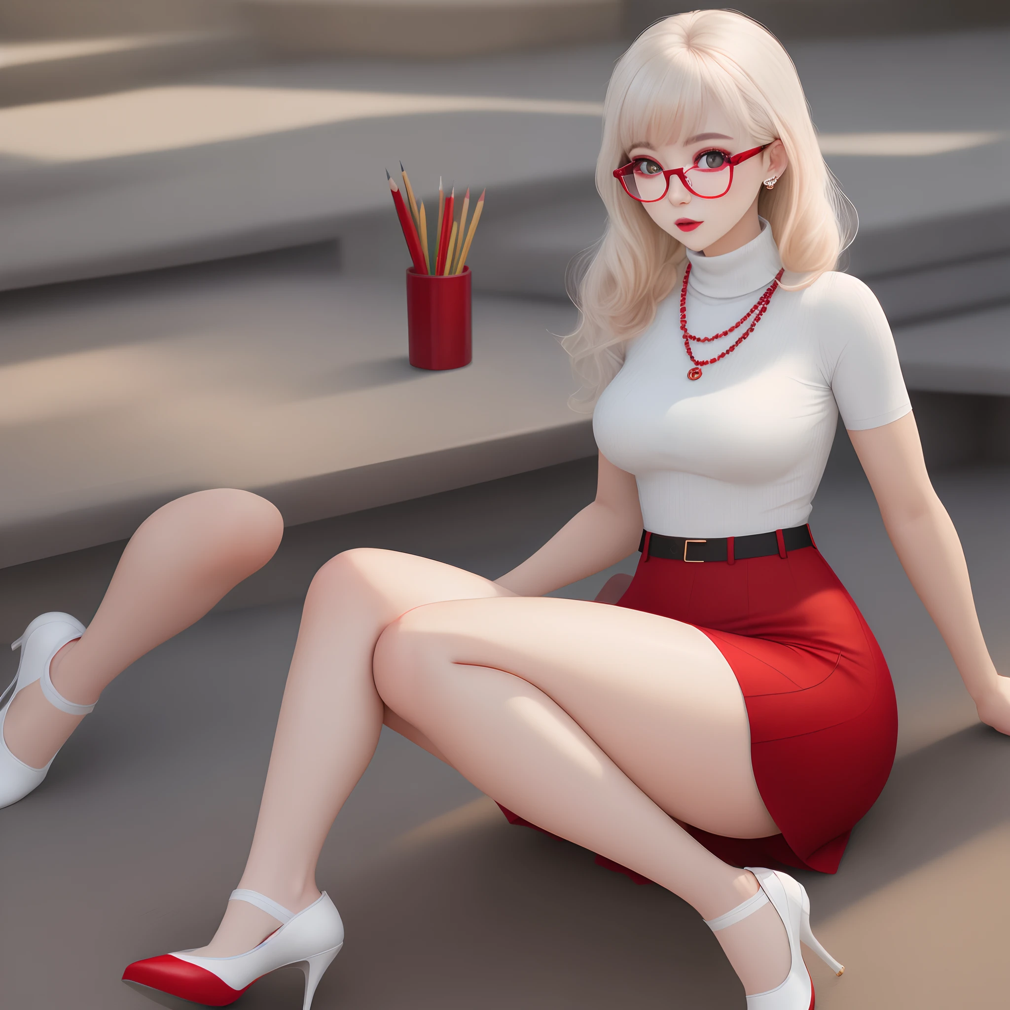 White short-sleeve tight-fitting turtleneck top, red pencil knee-length skirt, white 4-inch court shoes, red bead necklace, and red horn glasses.