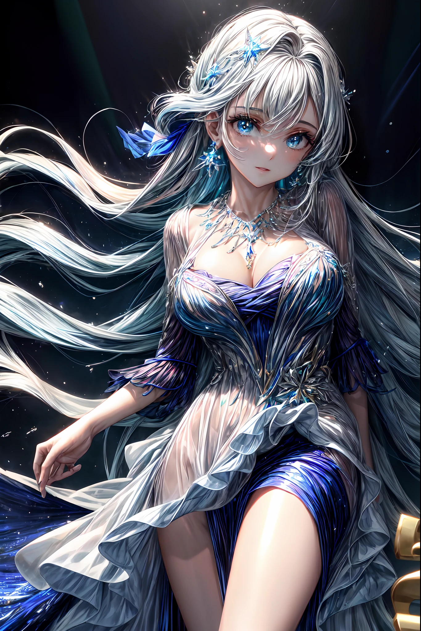 (melhor qualidade, alta qualidade, full hd 4k,4k,8k, foto profissional)Borboleta azul brilhante,Vestido de noite sexy azul,1 cinta,olhos de cor azul,longos cabelos azuis (olhos Brilhantes),olhar sereno,Serene eyes, olhar sexy, mulher bonita seduzente,sala interna,corpo inteiro,Top viewing angle, corar, sorrir, alegria, master part, best quality, There is a necklace of precious stones around the neck,A high resolution,aprimoramento de detalhes,melhor qualidade,Qualidade de imagem perfeita,Vestido de seda azul elegante e leve,bonito e gentil