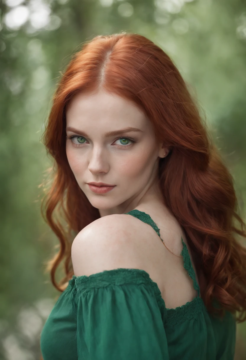 redhead haired woman with green eyes and long hair, digital art by Kurt Roesch, shutterstock, digital art, sexy girl with green eyes, soft portrait shot 8 k, with red hair and green eyes, beautiful realistic face, realistic beautiful face, detailed beauty portrait, photorealistic beautiful face, realistic digital painting, beautiful redhead woman, red hair and attractive features