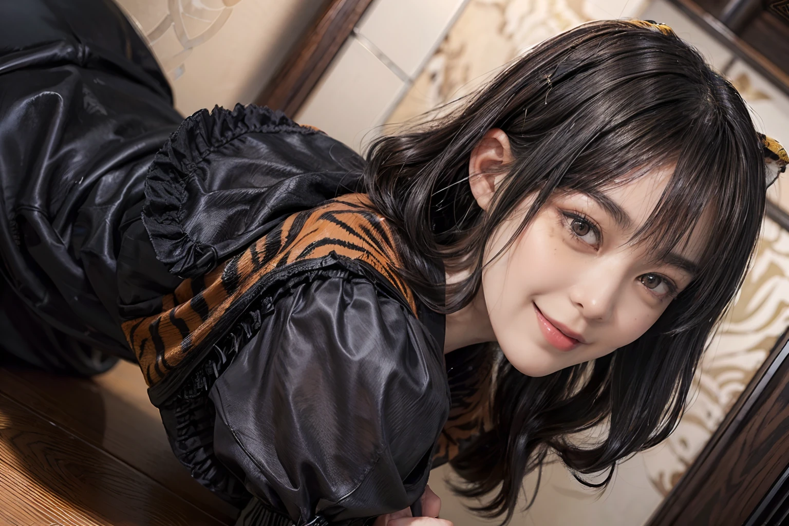 03
(Black Shorthair:1.3), (a 20 yo woman), (A hyper-realistic), (masutepiece), (8KUHD), Looking at the camera, Beautiful woman, A smile, (Tiger design clothes)