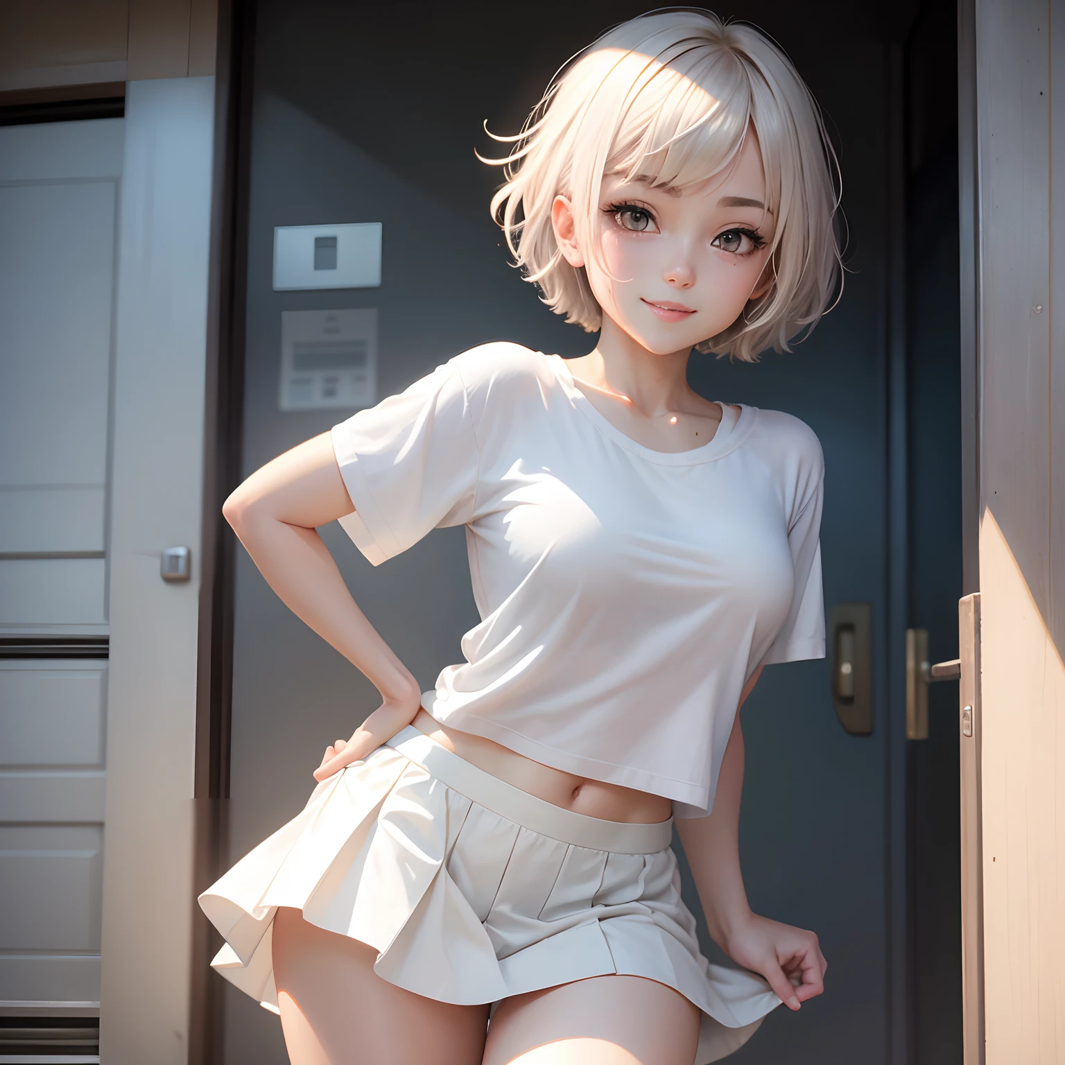 Silver-haired shorthair、girl with、View of the lower body from the inseam、flat chest、Thin pubic hair、Beautiful open legs、bath towels