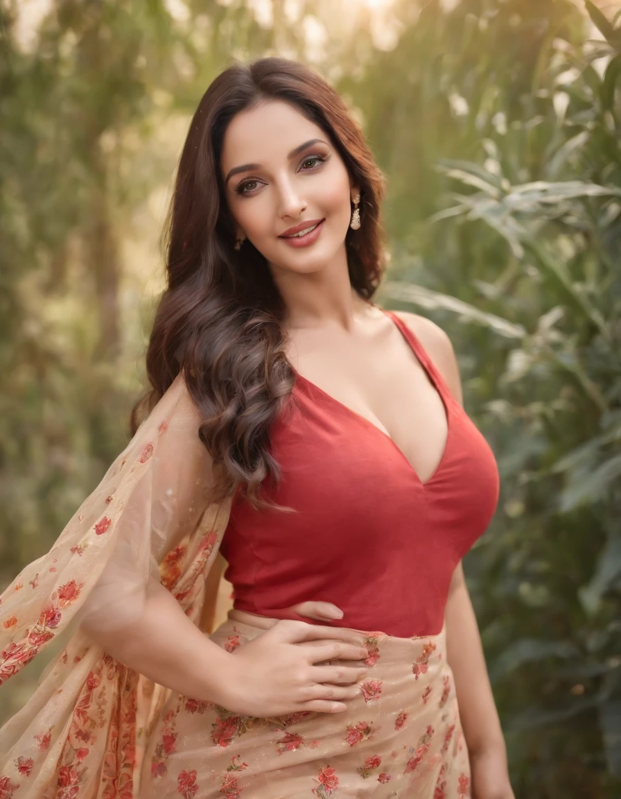 Nora Fatehi, chubby,cute,huge-breasted,curvy body,beautiful detailed eyes, enchanting smile,playful laughter,charming personality,flowing hair,stylish outfit,feminine curves,dynamic poses,expressive gestures,lush garden background,colorful flowers,butterflies fluttering,faint sunlight filtering through trees,soft breeze rustling leaves,magical atmosphere,(oil painting,realistic:1.2),ultra-detailed,professional,portrait,rich texture,vibrant colors,warm color palette,soft lighting, indian, no cloth , uncensored