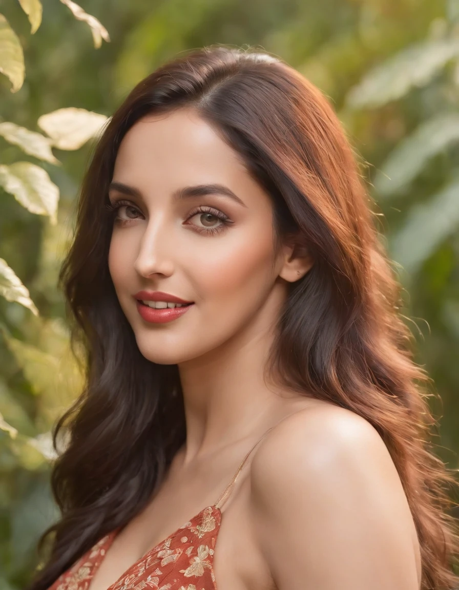 Nora Fatehi ,chubby,cute,huge-breasted,curvy body,beautiful detailed eyes,enchanting smile,playful laughter,charming personality,flowing hair,stylish outfit,feminine curves,dynamic poses,expressive gestures,lush garden background,colorful flowers,butterflies fluttering,faint sunlight filtering through trees,soft breeze rustling leaves,magical atmosphere,(oil painting,realistic:1.2),ultra-detailed,professional,portrait,rich texture,vibrant colors,warm color palette,soft lighting.