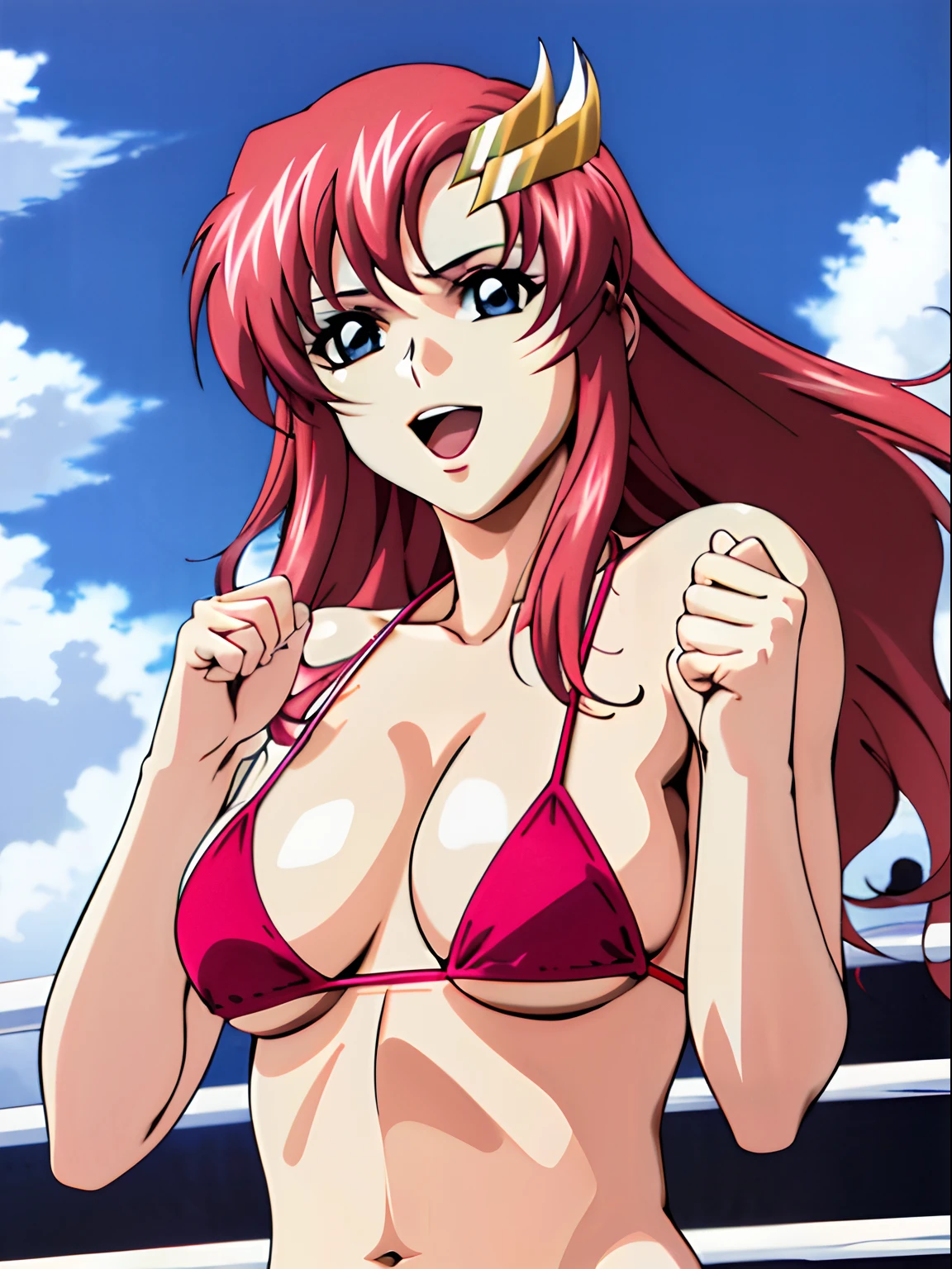 (masterpiece, upper body view, 4K, Best Quality, Anime style: 1.9,, Adult Woman, ultra detailed face, (cloud background, wrestling), Drawing lines, high resolution, Anime, lacus4), 1girl, Solo, curvy figure, Long hair, 鎖骨, scapular, (Detailed wide hair bangs, Hair Ornament, Detailed reddish-pink hair, golden crest), cleavage, large hands, (female wrestler). (Big blue eyes, shiny eyes), ((female wrestler, little biceps, slender body, broad shoulders, closed fists)), ((perfect proportions, medium breasts, long belly)), (((micro bikini, pink wrestling gear, champion))), happy, smile, open mouth, (belly dancing, looking at the viewer), , showing off underarm, (elegant lady), random pose