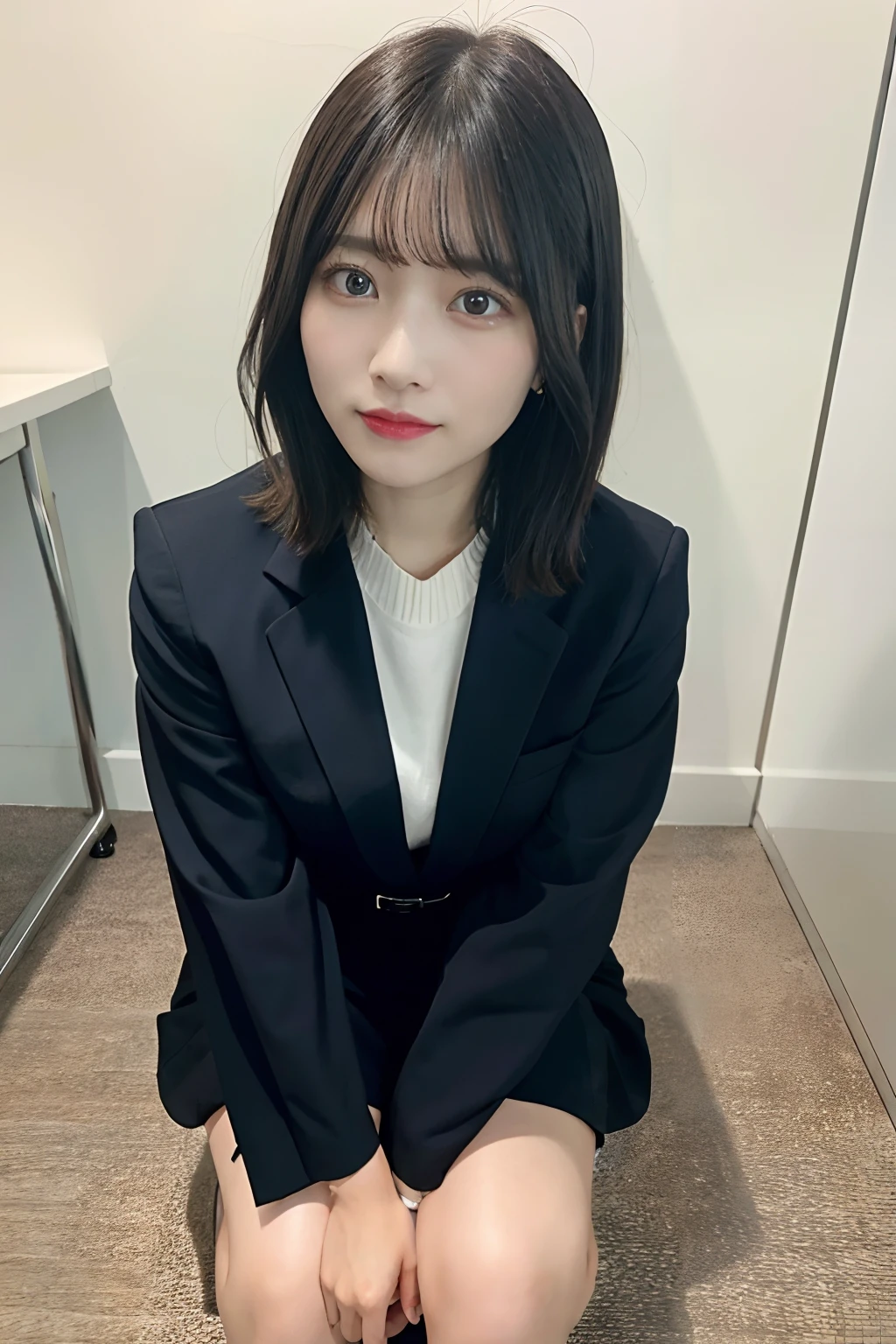 top-quality、Photorealsitic、8K、hight resolution、Perfect litthing、a gorgeous、​masterpiece、realisitic、Squatting、
1girl in、piercingeyes、s Office、a short bob、Suit 1.2