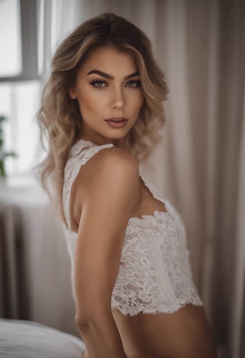 Femme en culotte en dentelle et gilet blanc,Grande silhouette parfaite, fille sexy aux yeux bleus, Portrait Sophie Mudd, Portrait de Corinna Kopf, cheveux blonds et grands yeux, Selfie d'une jeune femme, Les yeux dans la chambre, Violet Myers, Maquillage Orn, maquillage naturel, Look directly at the camera, Visage avec Artgram, dezentes Maquillage, De superbes photos du corps entier, dans une chambre, Fission