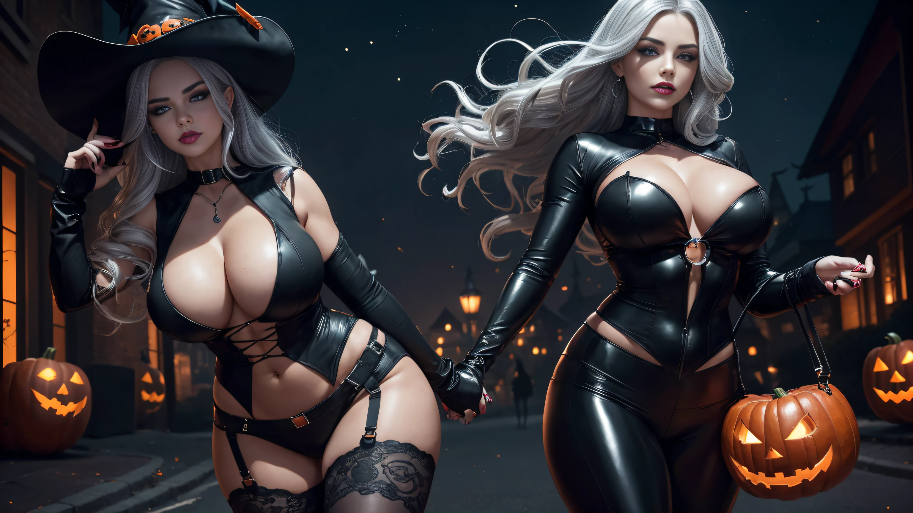 single woman, mature woman, ((Head in frame, cowboy shoot)), (Best quality, 8k, Masterpiece: 1.8), (((Dark Halloween Theme, Spooky, Trick-or-Treat))), ((American woman: 2)), average height, sexy face, ultra-detailed face, detailed lips, (beautifully detailed lips), double eyelid, gorgeous & stunningly beautiful woman, ((hyper-realistic)), athletic build, well-toned body, visible 6-pack abs, (tight and firm HUGE boobs, rounded boobs, sexy figure of B46/W28/H36), (slightly glowing body: 1.2), highly detailed skin texture, beautiful limbs, precise limbs, perfect anatomy, perfect hands with 4 fingers and a thumb, beautiful fingers, proportionate, curvy & sexy hips, slightly plump ass. Flowing ((Silver hair with (black and red) steaks)), bright-red glossy lipstick, a slightly ominous smile on her lips, shiny-black nail polish, black frilly finger-less gloves, (((heterochromia, right eye red (glowing), left eye dark black like the moon-less dark night))), skull style earrings, a glowing red pendant that reaches down to between her cleavage, witch style makeup, Highly sexy & sultry Witch costume, exposed cleavage, left leg see-through black legging, left leg shiny red legging. Art form: Photography, 50mm lens, modern setting, Halloween setting, capturing her on a dimly lit and very spooky street, walking with a jack-o-lanterns style candy bag going for trick-or-treating. Octane render, maximum clarity & sharpness, hyper-realistic light and shadow: 1.2, depth of field.