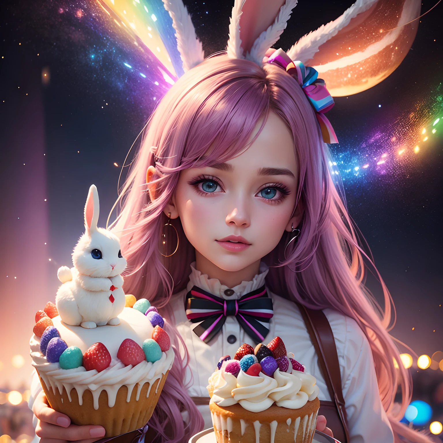 Colorful lights　photo realistic woman　a cake　colorful galaxy　Colorful cream　Colorful rabbit　bow ribbon