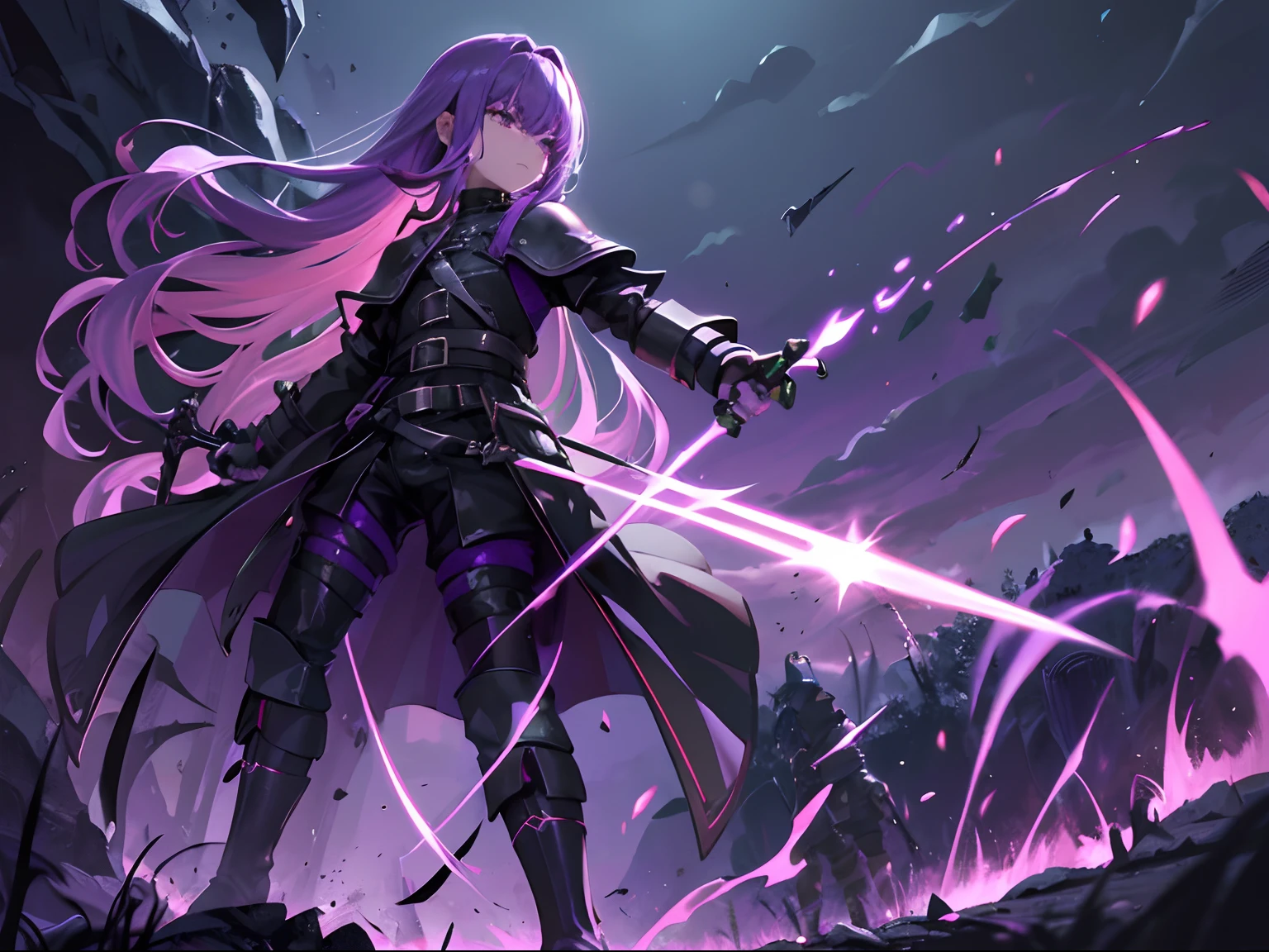bright, grass plains, 1boy, long purple hair, Deep purple eyes, wearing metal shoulder brace, Dark trench coat, dark tunic, dark short pants, dark leggings, metal shin guards, metal boots, dual wielding daggers, , high res, ulrasharp, 8K, masterpiece