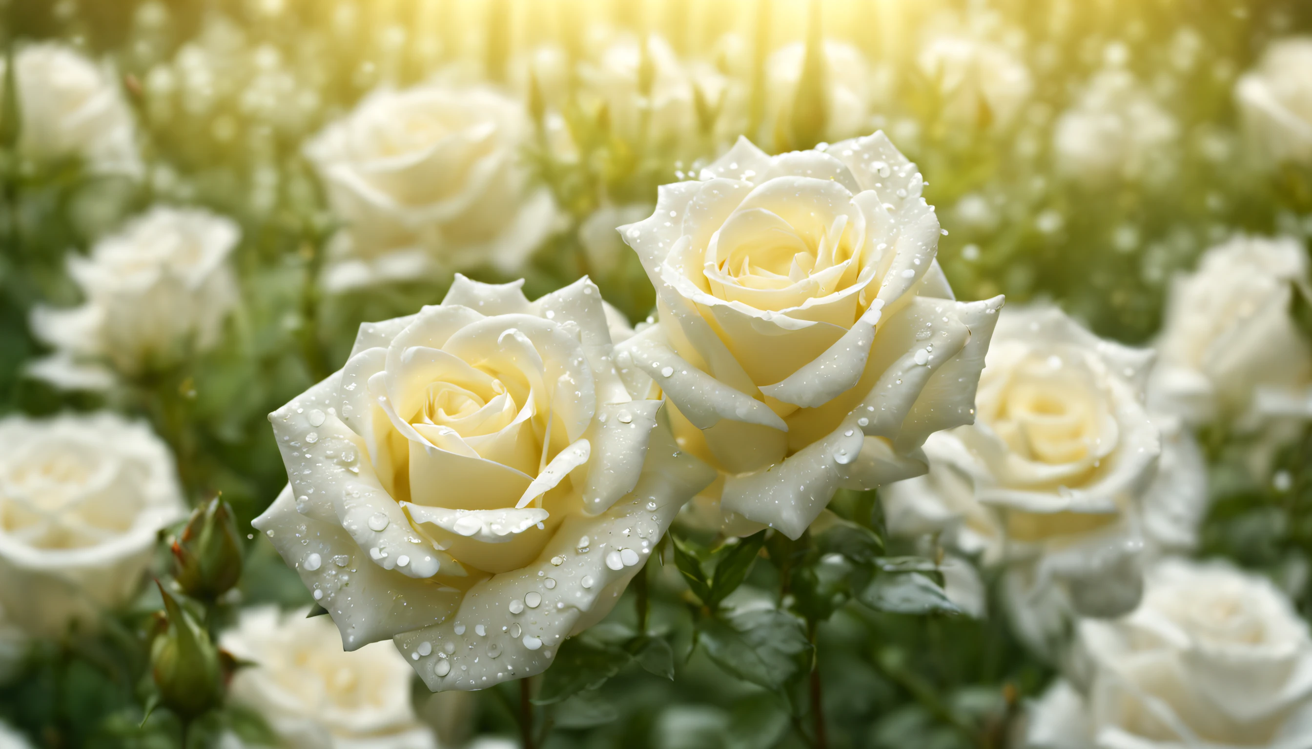 Many white rose flowers in the garden and sunlight with bokeh, dew drops on flower petals (masterpiece, ultra quality, high resolution, 8k, intricate: 1.2), (masterpiece), (best quality:1)