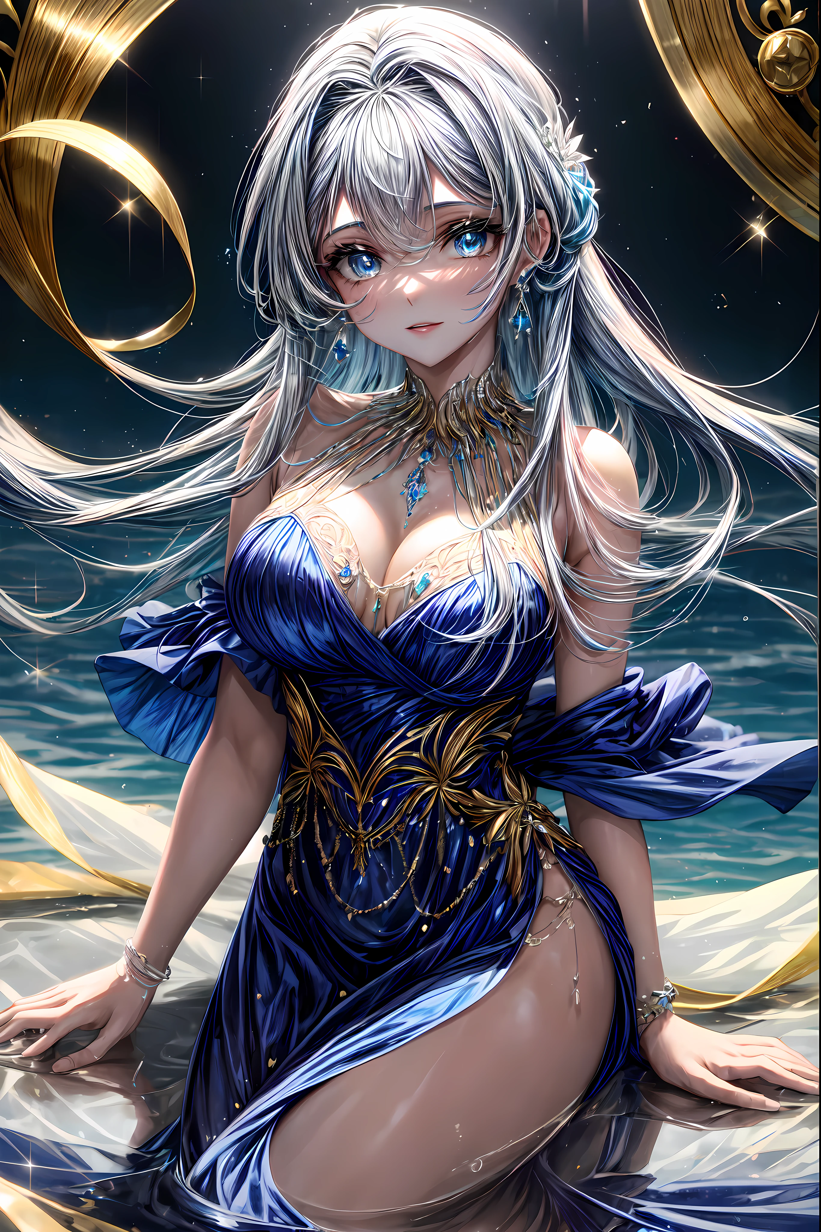 (melhor qualidade, alta qualidade, full hd 4k,4k,8k, foto profissional)Borboleta azul brilhante,Vestido de noite sexy azul,1 cinta,olhos de cor azul,longos cabelos azuis (olhos Brilhantes),olhar sereno,Serene eyes, olhar sexy, mulher bonita seduzente,sala interna,corpo inteiro,Top viewing angle, corar, sorrir, alegria, master part, best quality, There is a necklace of precious stones around the neck,A high resolution,aprimoramento de detalhes,melhor qualidade,Qualidade de imagem perfeita,Vestido de seda azul elegante e leve,bonito e gentil