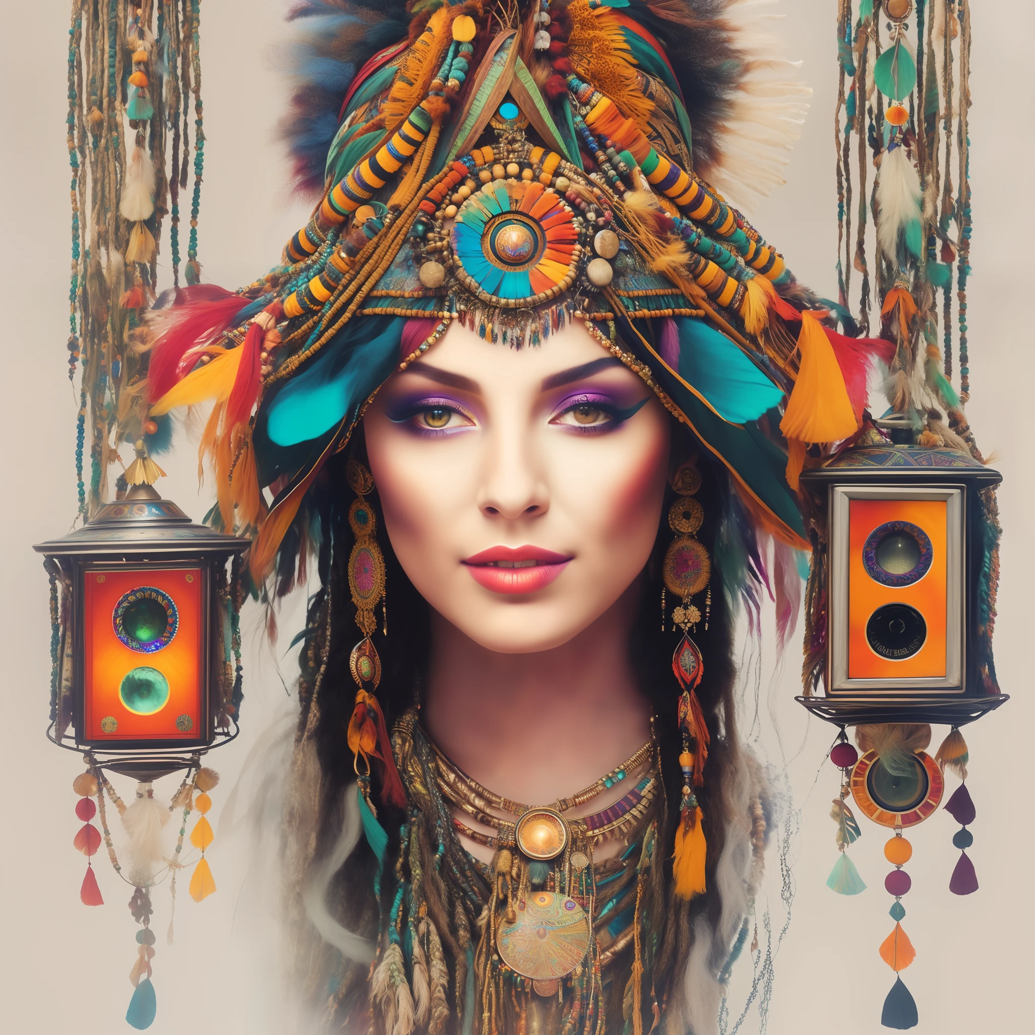 a woman with a colorful headdress and a camera, art deco shaman, beautiful art uhd 4 k, karol bak uhd, portrait of a digital shaman, arabian art, exquisite digital illustration, full of colors and rich detail, stunning digital illustration, colorfull digital fantasy art, beautiful digital artwork, oriental face, elaborate digital art, colorful illustration