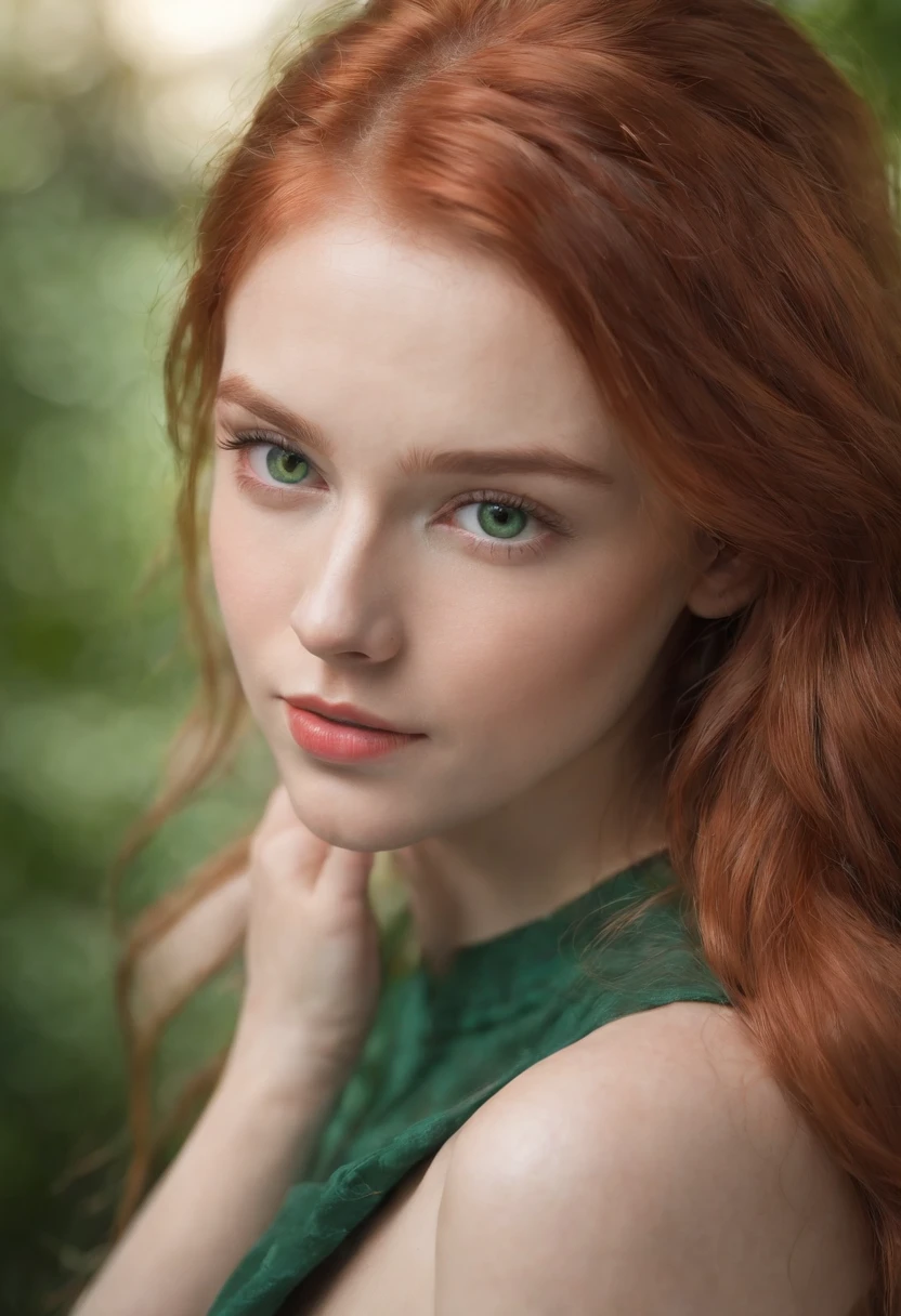 fair complexion, woman around 19 years old, natural red hair, distinctive green eyes, slender and graceful, beautiful, candlelight setting, ultra sharp focus, realistic shot, female Mini skirt clothes, tetradic colors (scar:1.4)