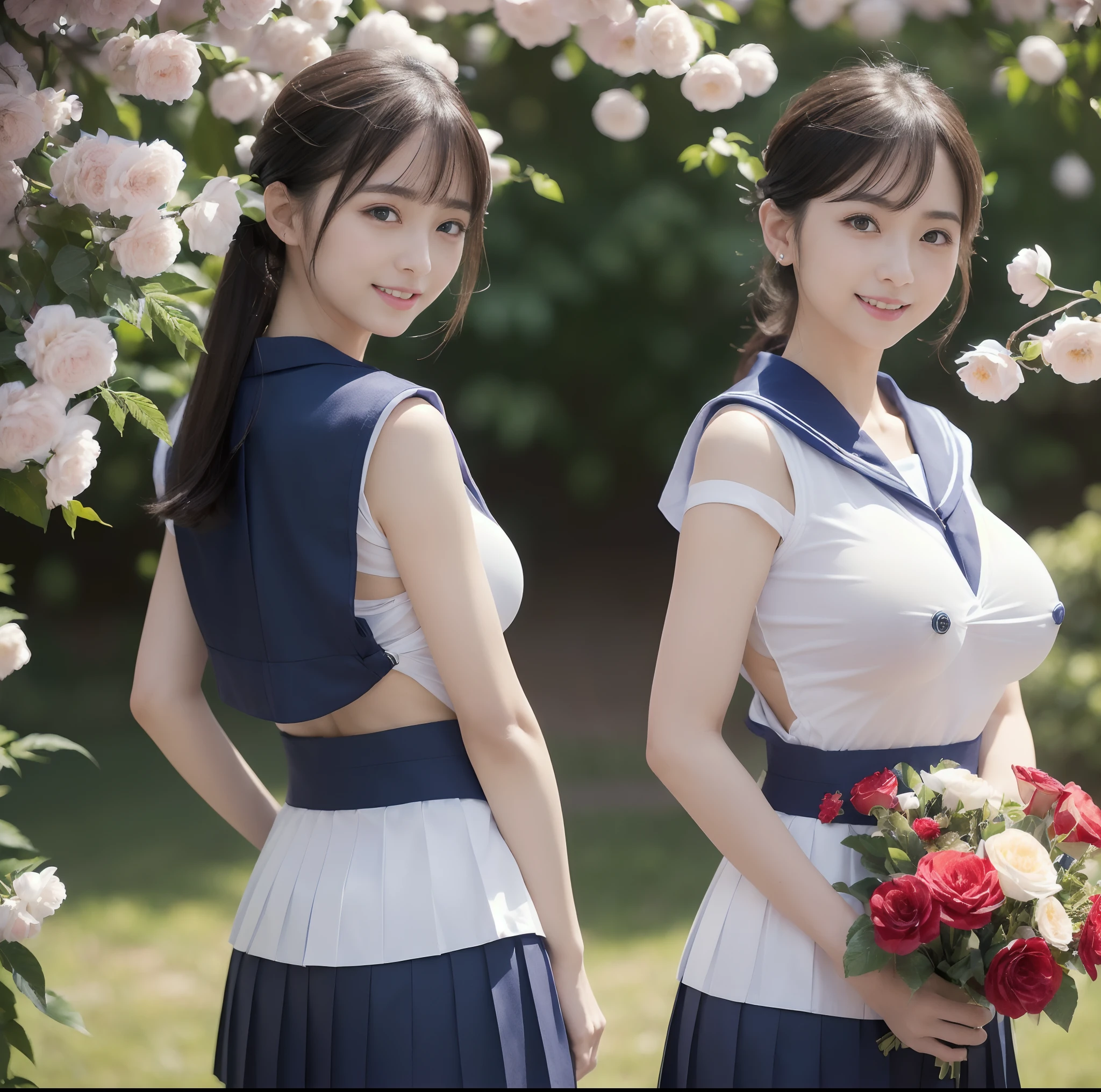 (top-quality)、 (masterpiece)、(Professional lighting with fewer shadows)、 (A hyper-realistic)、 (perfect anatomia)、 (In front of the camera、There are two women、Forward and backward、Crying Kuroko、That and bangs and forehead), ( Huge breasts:1.4), (Bright and even whitening skin without wrinkles and steps), (Beautiful blue eyes with long eyelashes and red tear bags)、 (Her outfit is a cramped sailor suit、Micro mini pleated skirt that is too short and comes out directly from the buttocks of her body:1.5), (Two people are surrounded by flowers, Face the front in front of the camera、Proudly stick out your chest:1.5), (Another person on the other side、with arcuate waist, Turn your back and expose your proud big ass:1.4), (One hand behind the head, A beautiful face is a beautiful smile with lowered eyebrows:1.3),