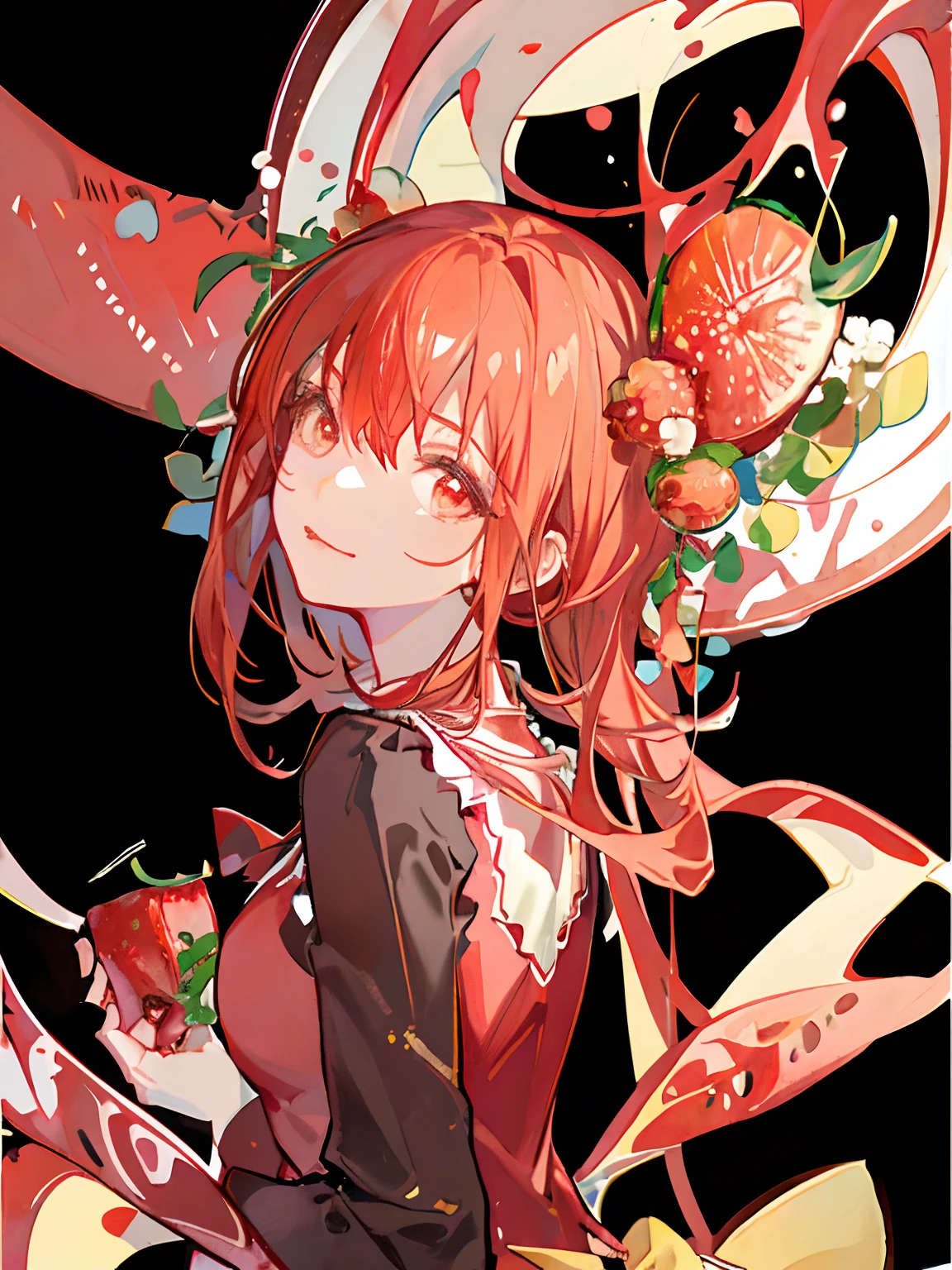there is a woman in a red dress holding two large strawberries,  japanese pop surrealism,japanese popsurrealism, holding a giant strawberry,HD,4k,masterpiece,best quality,look at viewer