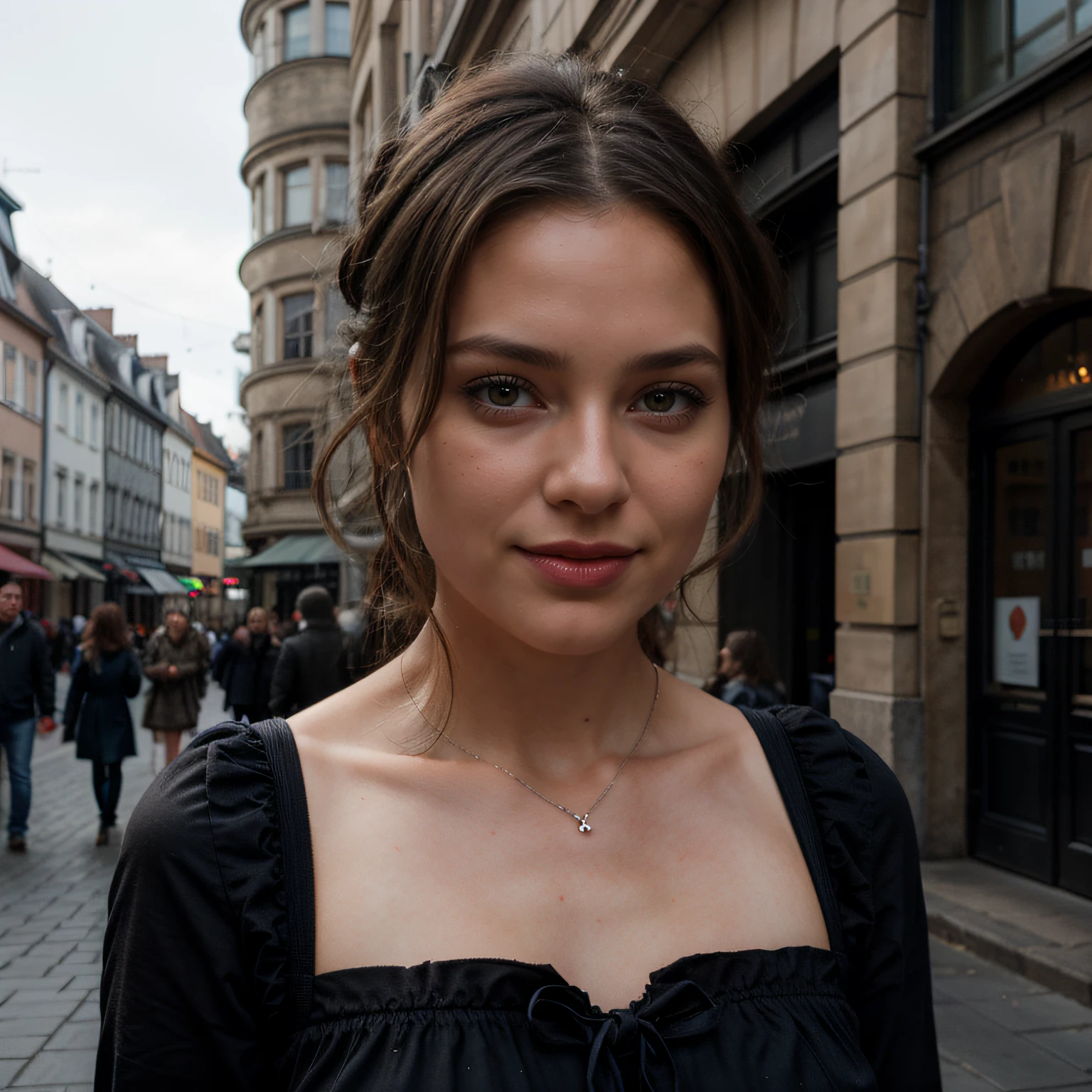 Hochwertiges Rendering einer niedlichen 24 years old.Tina Douthit, mittellanges braunes haar, Detaillierte symmetrische haselnussbraune Augen, Selbstbewusst aussehen, entspannt, Sorrisos, with a hint of superiority, blaues kleid, steht in der Stadt, Atemberaubendes realistisches Foto, 3D-Rendering, Aufwendig detailliert, filmisch, Zentriertes hyperrealistisches Titelbild