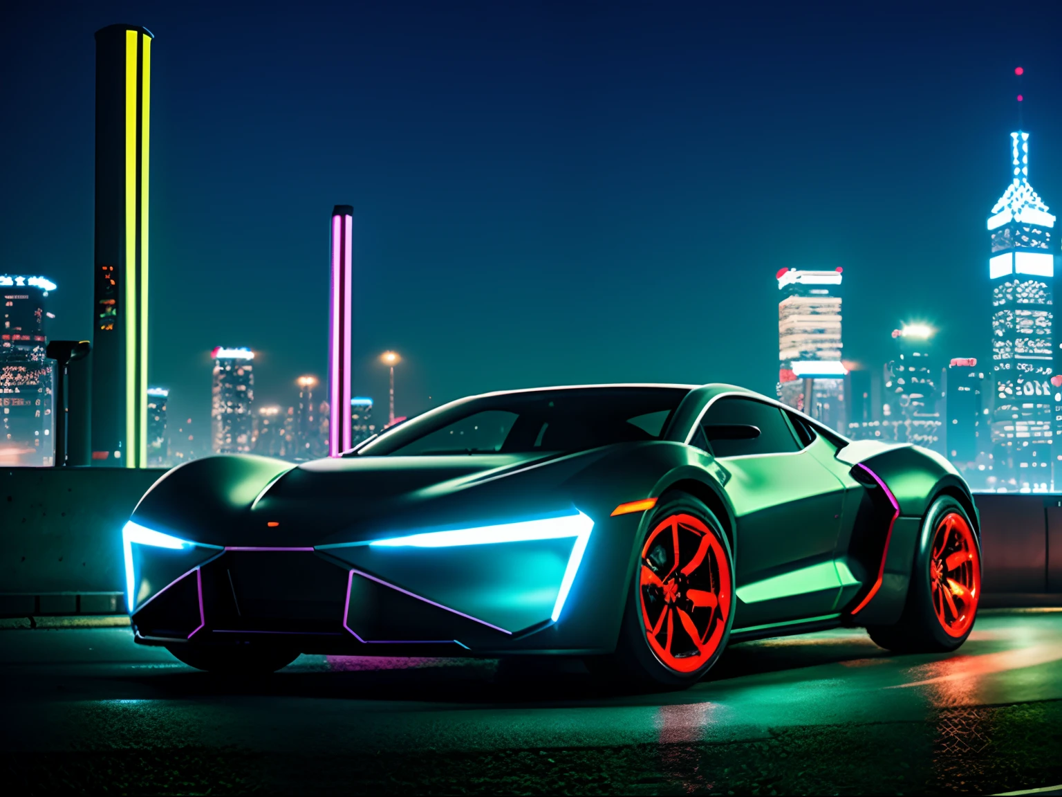 futuristic car in a futuristic retro city full with LED lights