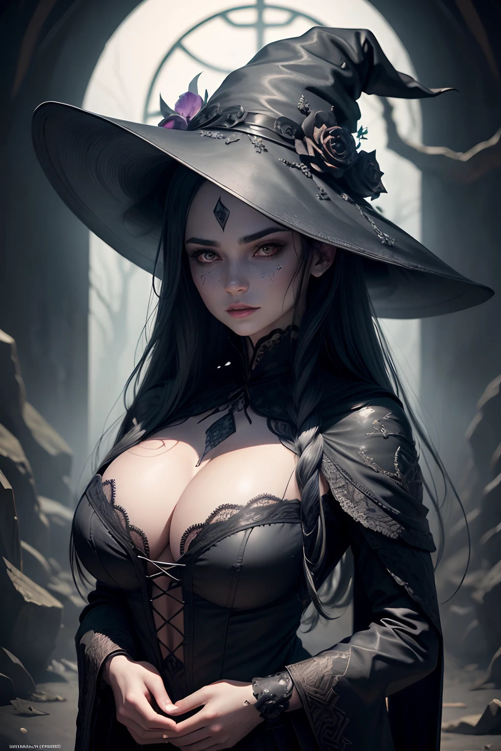 Highly detailed portrait of a female witch, wearing dark clothing, wearing a black floral witches hat, terrifying atmosphere, halloween, dark fantasy, ((busty)) symmetrical face, symmetrical eyes, looks at the camera, stunning photography, photorealistic, art station, soft pastel colours, highly detailed, intricate, path tracing, illustration, insanely detailed, shadow mapping volumetric light, specular lighting