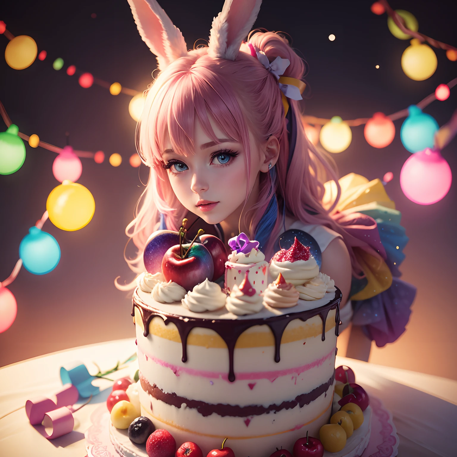 Colorful lights photo realistic woman a cake colorful galaxy Colorful cream Colorful rabbit bow ribbon Cherries