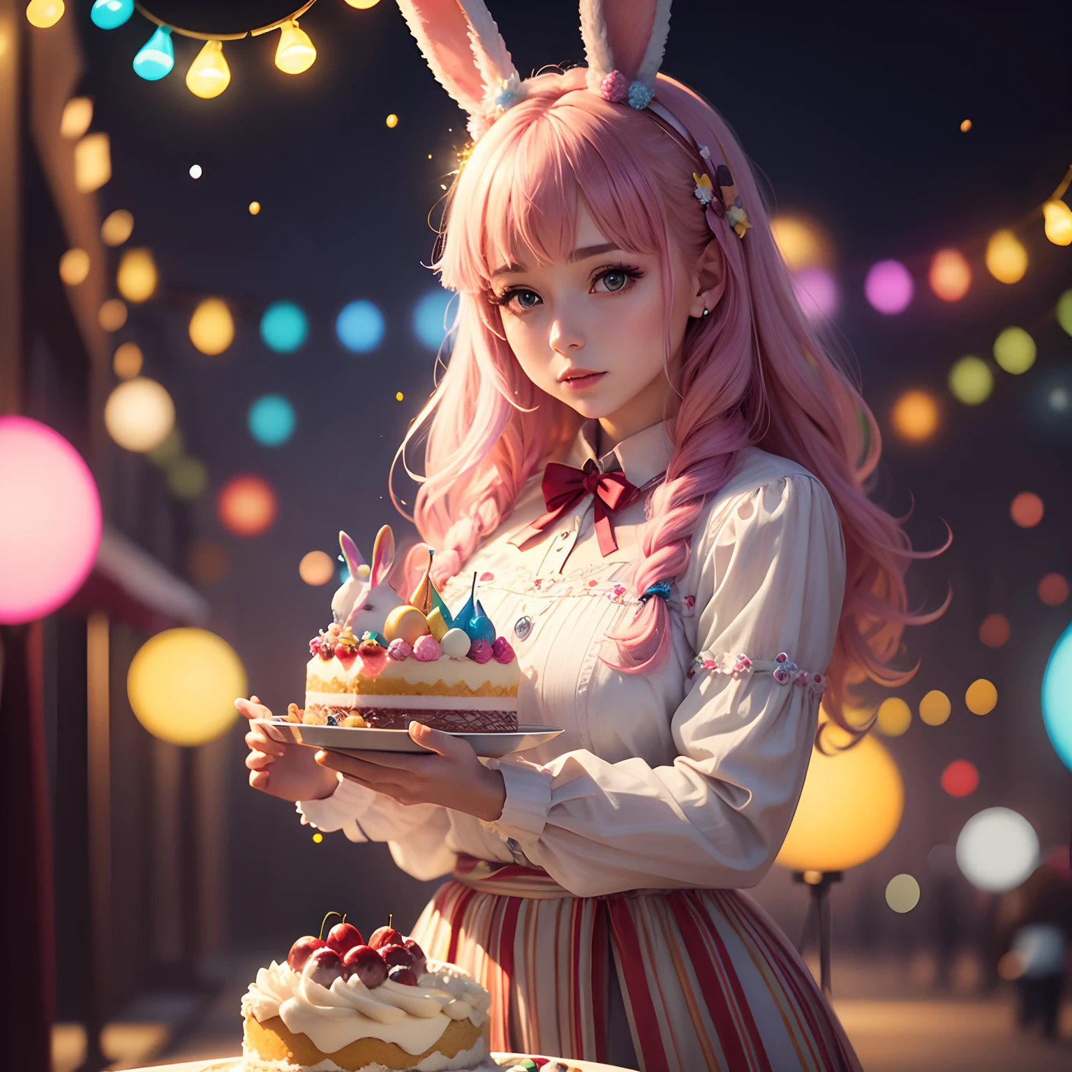 Colorful lights　photo realistic woman　a cake　colorful galaxy　Colorful cream　Colorful rabbit　bow ribbon　Cherries