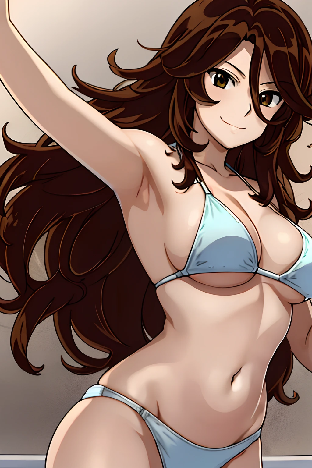 Selfie shot, detailed face, upper body view, detailed body, 4k, Sumergai Lee Noriega, best quality, anime style, hires, highest definition, digital blending, bold drawing lines, ((), (slender body), mature woman, (female wrestler, white wrestling bikini), cheerful, gorgeous, smile, (closed mouth), (pale skin, shiny skin, lighting and shadow), (cleavage), (clean face), (warming up), closed fists, (brown hair, curly hair, long hair), 27 years old, sexy
