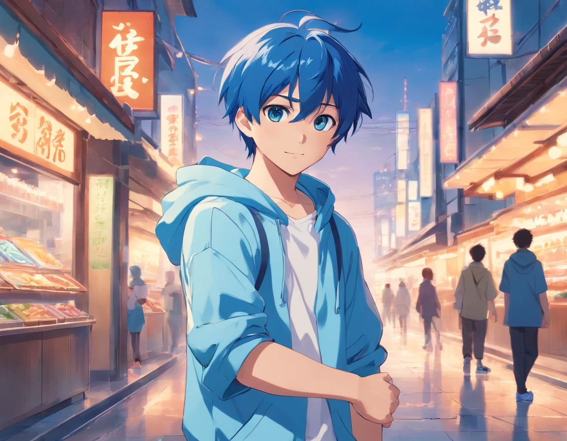1 teenager,anime boy, Blue hair,short-cut,White hoodie, Art style of the 1990s, Puppy eyes, Pose to look straight at the viewer, little smiling, Light blue shoes