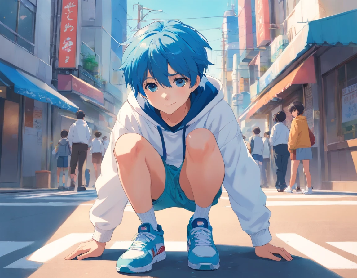 1 teenager,anime boy, Blue hair,short-cut,White hoodie, Art style of the 1990s, Puppy eyes, Pose to look straight at the viewer, little smiling, Light blue shoes