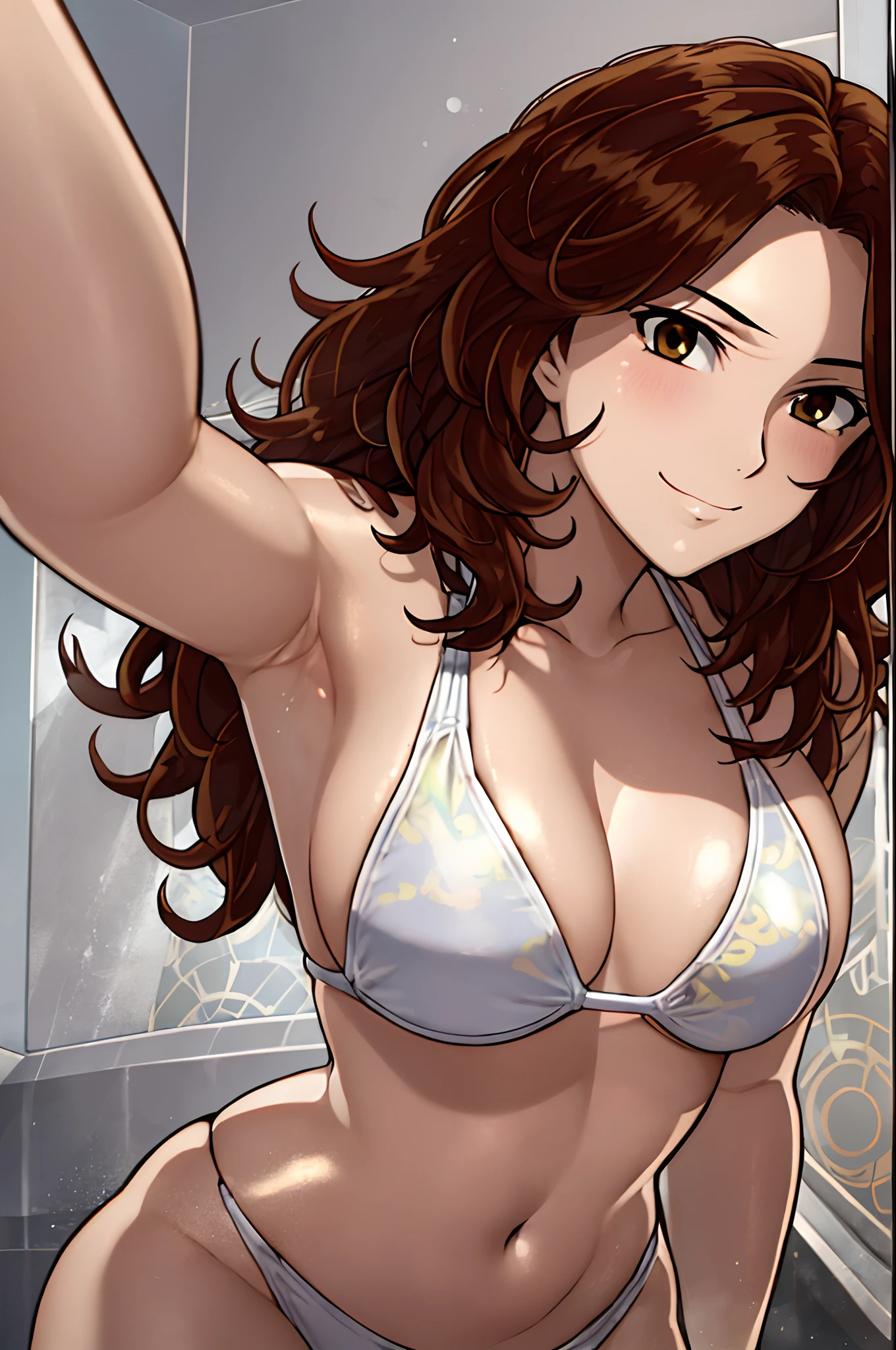 Selfie shot, detailed face, upper body view, detailed body, 4k, Sumergai Lee Noriega, best quality, anime style, hires, highest definition, digital blending, bold drawing lines, ((), (slender body), mature woman, (female wrestler, white wrestling bikini), cheerful, gorgeous, smile, (closed mouth), (pale skin, shiny skin, lighting and shadow), (cleavage), (clean face), (warming up), closed fists, (brown hair, curly hair, long hair), 27 years old, sexy
