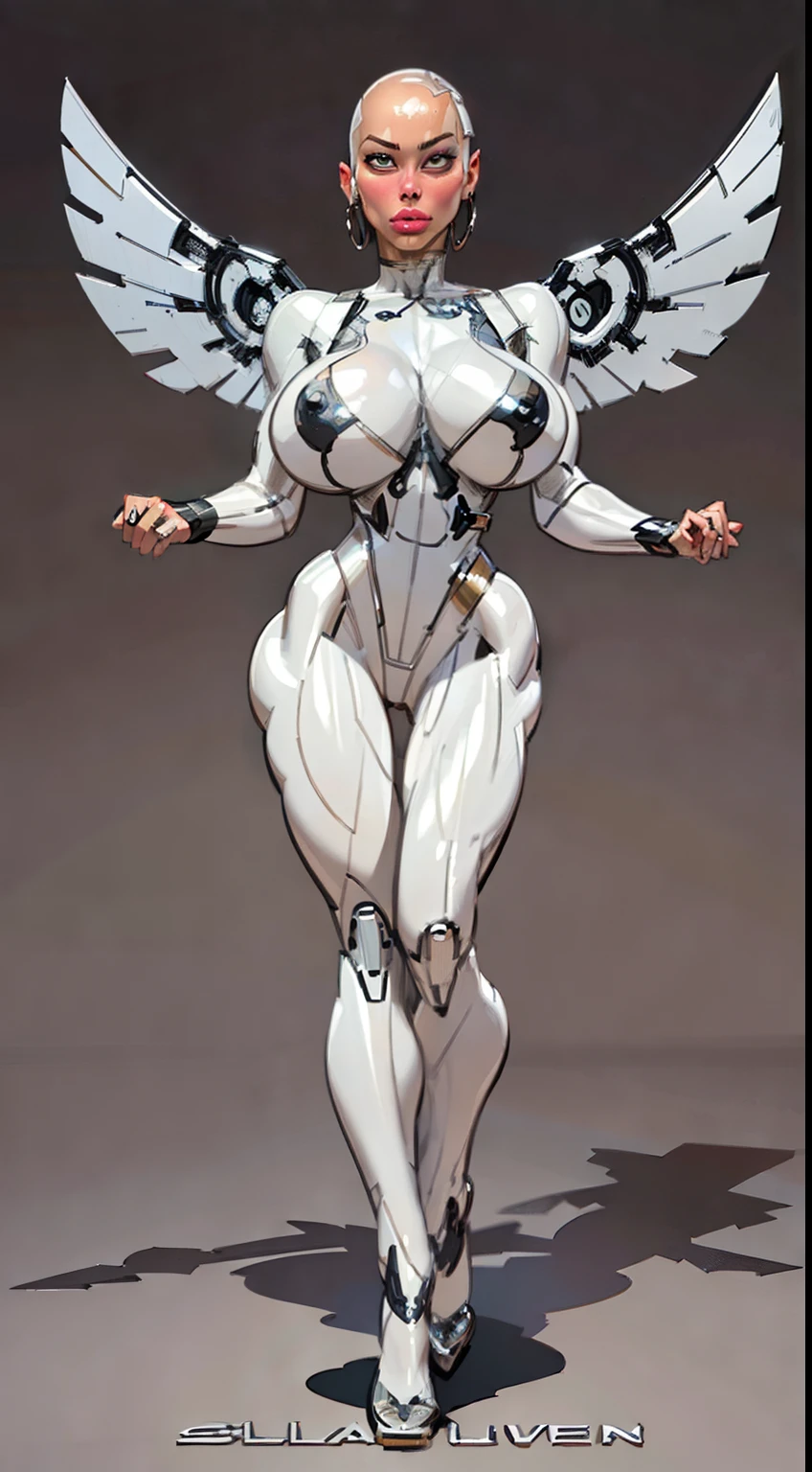 8k ((full body view:1.4)) (large eyes:1.3), defined cheekbones, 1woman, ((woman has no face, ((sleek silver bodysuit:1.6)) (detailed face:1.5), silver skin,(puffy lips:1.5) (silver skin:1.6), (bald woman:1.7), (skinhead) ((stands confident)),(Muscular:1.3), ((gigantic breasts:1.5)) ((side view:0.6)), )highly detailed, majestic, digital photography, art by artgerm and ruan jia and greg rutkowski, ((metal wings on back)), (masterpiece, sidelighting, intricate details