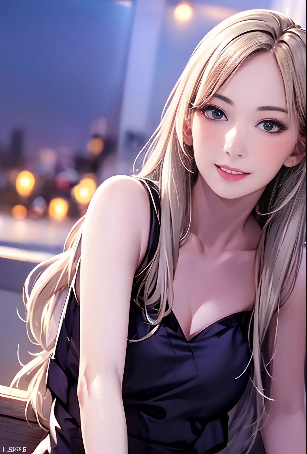 (8k, top quality, masterpiece: 1.2), (realistic, photorealistic: 1.37), super detailed, girl single, cute, solo, midnight, beautiful detailed sky, detailed café, sitting, date, (blush), (smile: 1.15), small breasts (mouth closed), beautiful fine eyes, floating hair NovaFrogStyle, back open dress