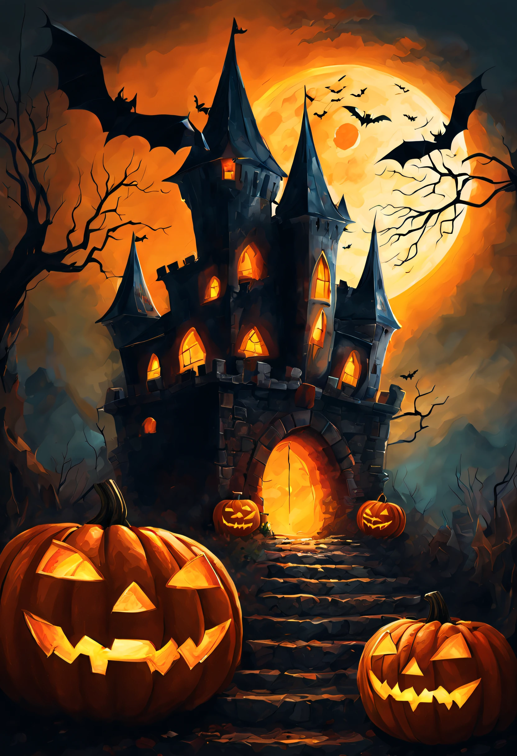 a pumkin which have eyes and mouth, halloween theme, dynamic atmosphere , dramatic scene, halloween photo, illustration style, oil paint style, daviant art, bigh glowing old castle in far background,