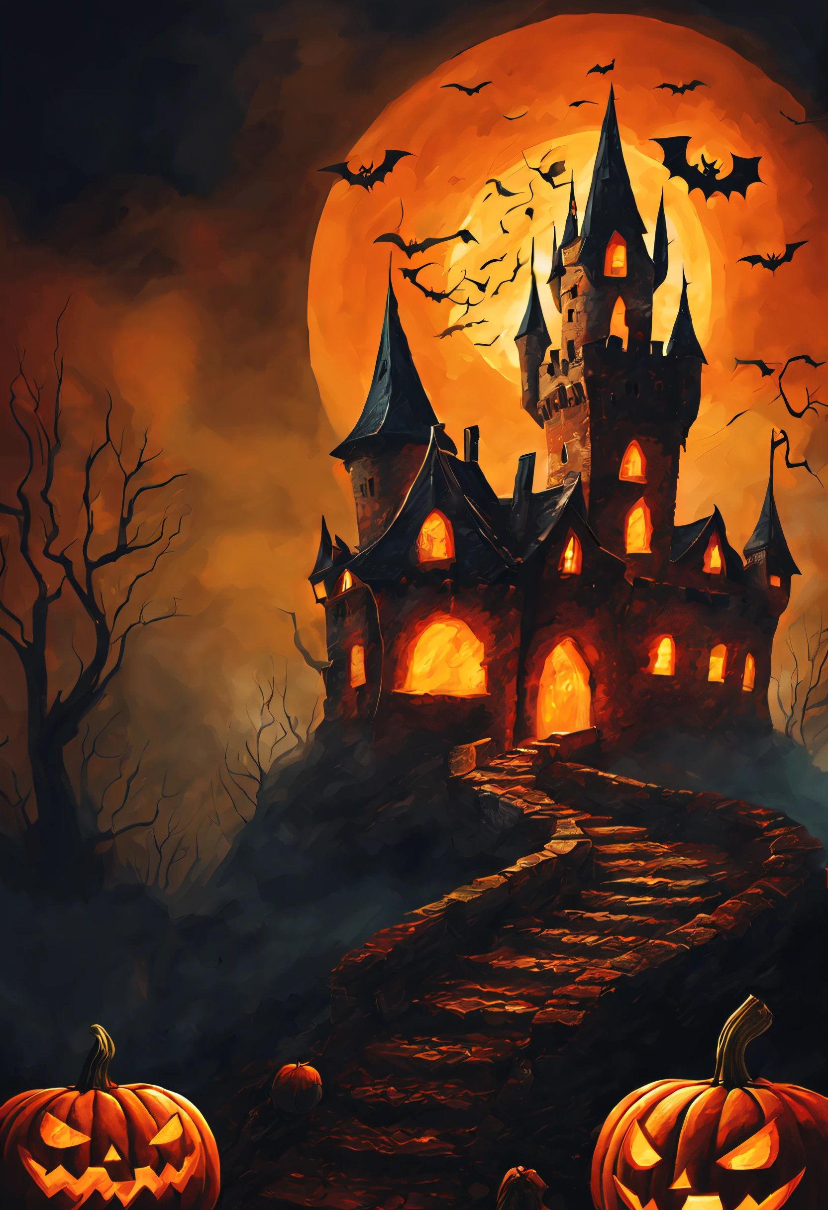 a pumkin which have eyes and mouth, halloween theme, dynamic atmosphere , dramatic scene, halloween photo, illustration style, oil paint style, daviant art, bigh glowing old castle in far background,