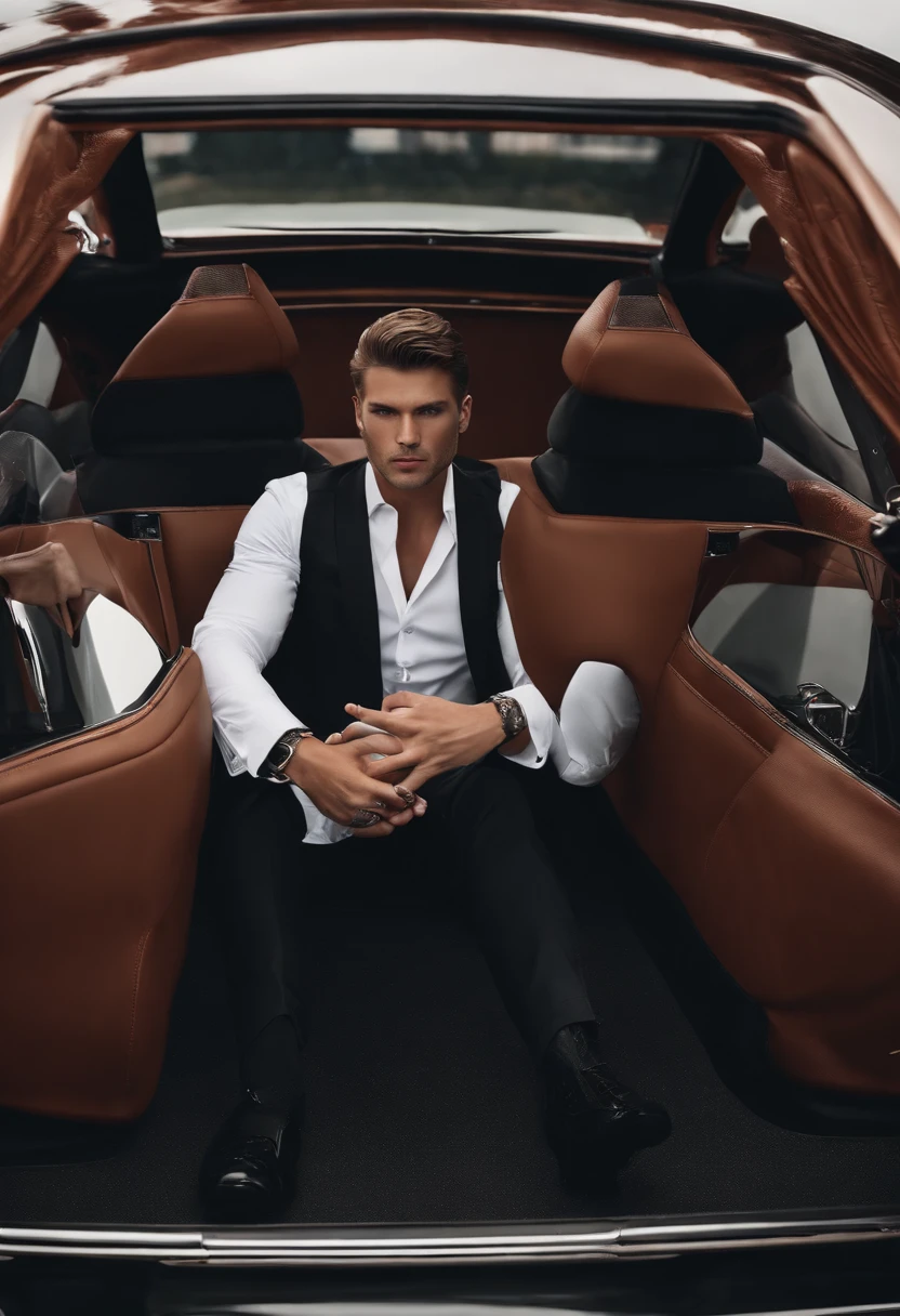 Absurd resolution, high resolution, (tmasterpiece: 1.4), hyper-detailing, 1boys, Gesichtsfokus, natta, Mature men, Successful people, In black suit, jaket, White shirt, A serious and icy expression on his face, Sitting in a luxury car (1.3),