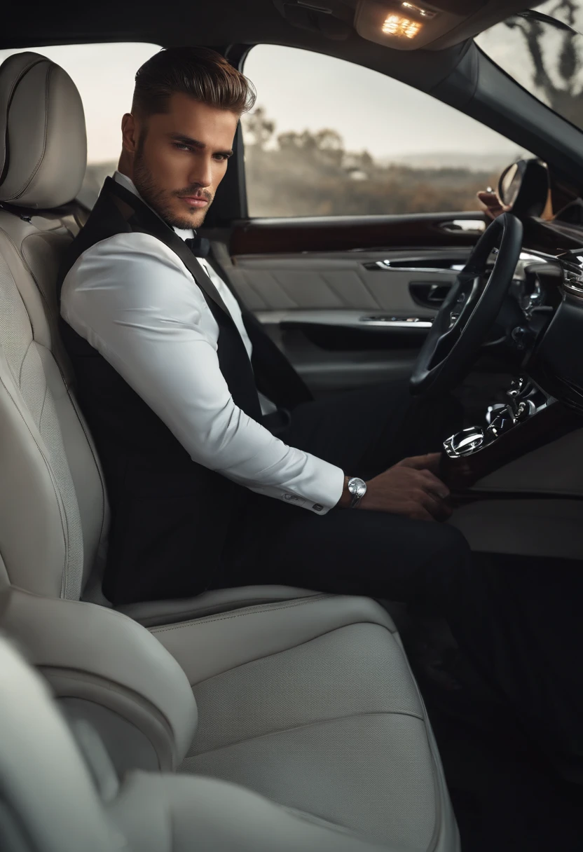 Absurd resolution, high resolution, (tmasterpiece: 1.4), hyper-detailing, 1boys, Gesichtsfokus, natta, Mature men, Successful people, In black suit, jaket, White shirt, A serious and icy expression on his face, Sitting in a luxury car (1.3),