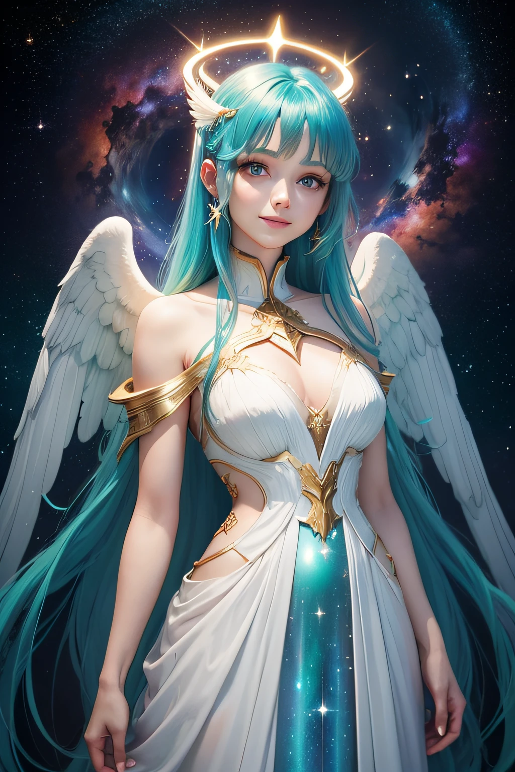 A woman, blue green hair, Red eyes, Smile, Angel wings, Golden halo, White dress, Standing upright, In outer space, galaxy in background, stars in the distance, Upper body