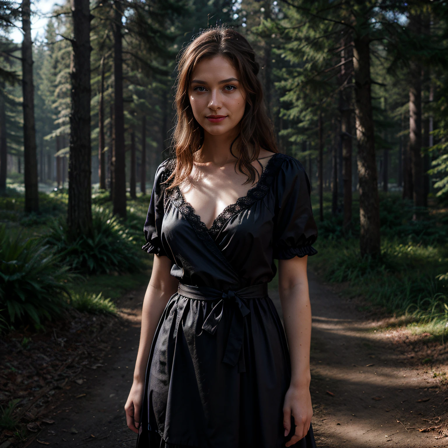 nтусклое освещение, Una mujer se ahoga en un pantano del bosque hasta los muslos, Un primer plano de un, (Realistic representation of fantasy in a forest swamp:1.0), Pintura mate retrato foto, Una foto realista, (desear:1.3), minifalda, (Medias negras con ligas:1.3), chaqueta de cuero,