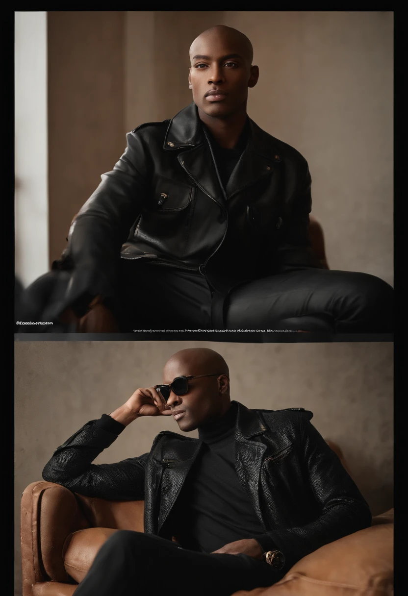 Photos of black people,the face, male,shaved hair,Mickey Arrant Lucky Men , Wearing a black jacket and black pants , Sitting on the sofa , He looked to the left with a very unusual look , It turns to the left,Turn the whole body to the left , Very nice black jacket ,Photographed by a Panavision Panaflex Platinum camera,Equipped with Panavision Primo Primo Prime 50mm T1 spherical lens.9