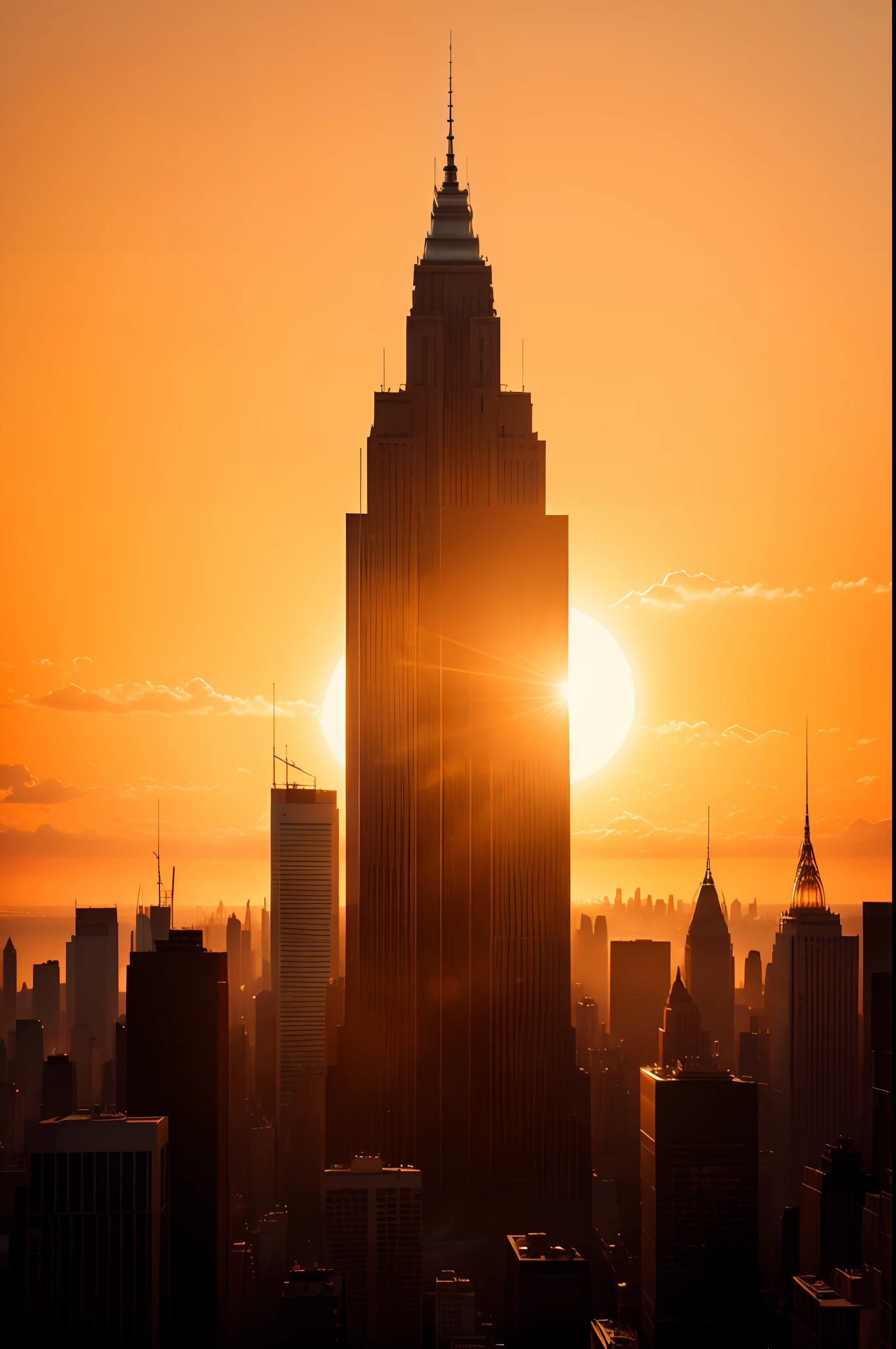 a very detailed photo of New York city skyline, sun setting in the background, skyscraper, iperrealistic