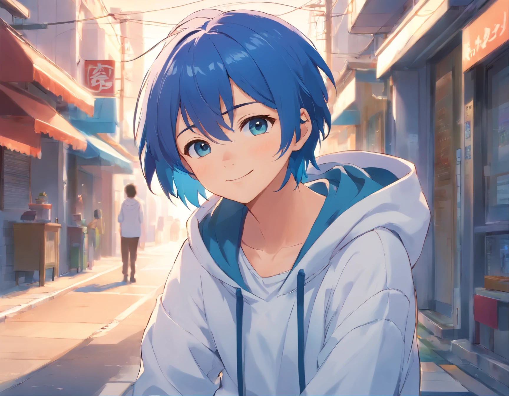 1 teenager,anime boy, Blue hair,short-cut,White hoodie, Art style of the 1990s, Puppy eyes, Pose to look straight at the viewer, little smiling, Light blue shoes